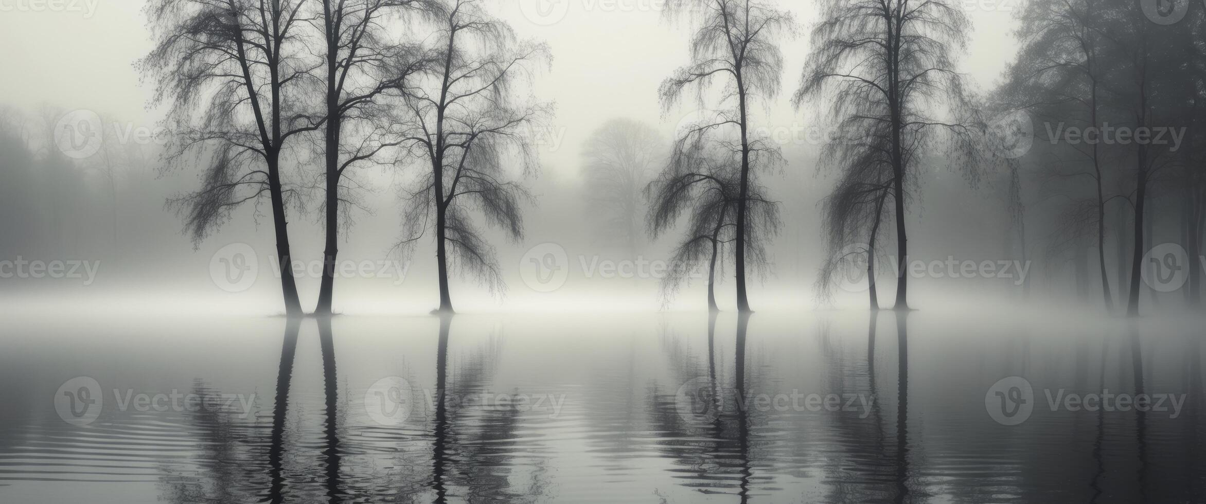 Reflections of trees in still water showcasing halftone texture and distorted shapes. photo