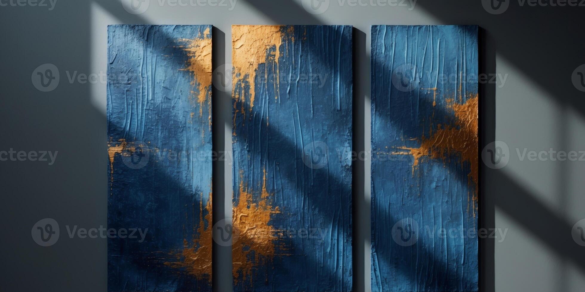 Abstract Expressionism Triptych Textured Panels in Deep Blues and Warm Golds with Dramatic Side Lighting photo