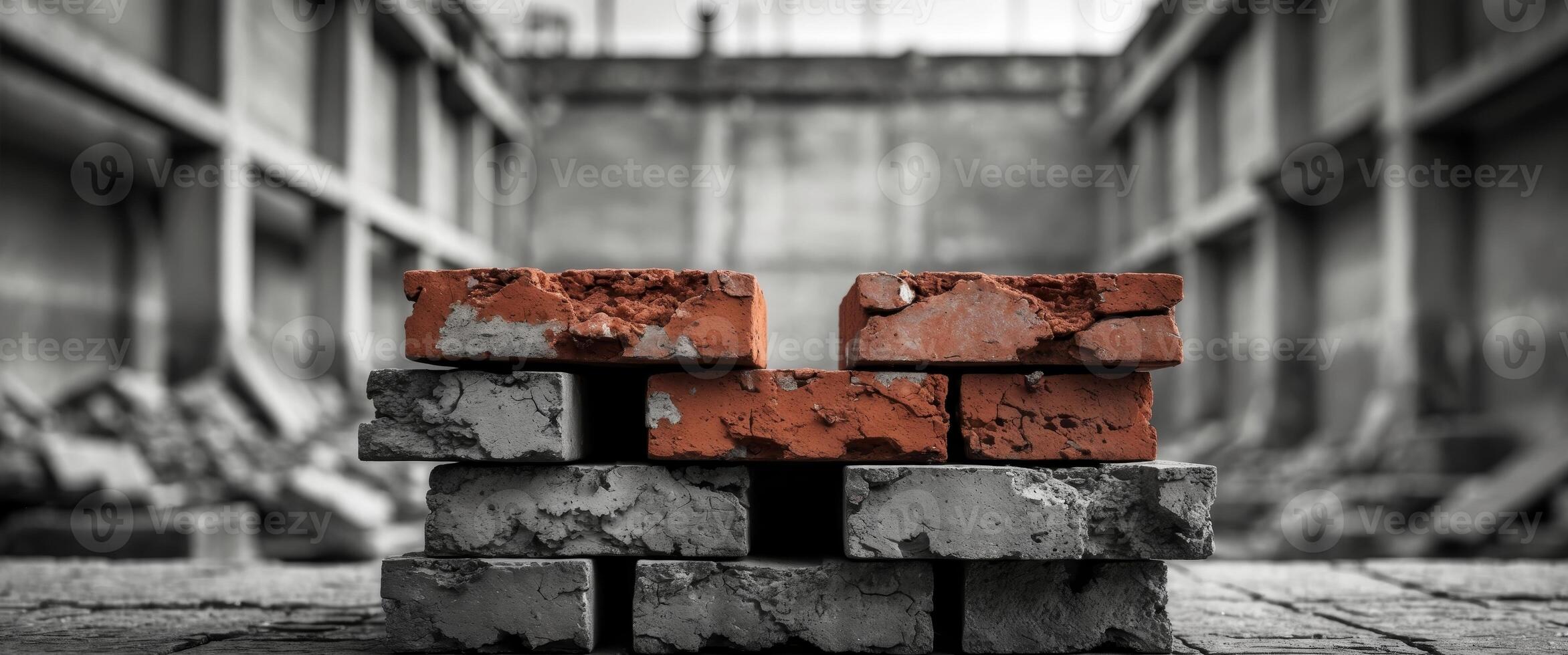 Stacked red bricks with weathered texture in a construction setting photo