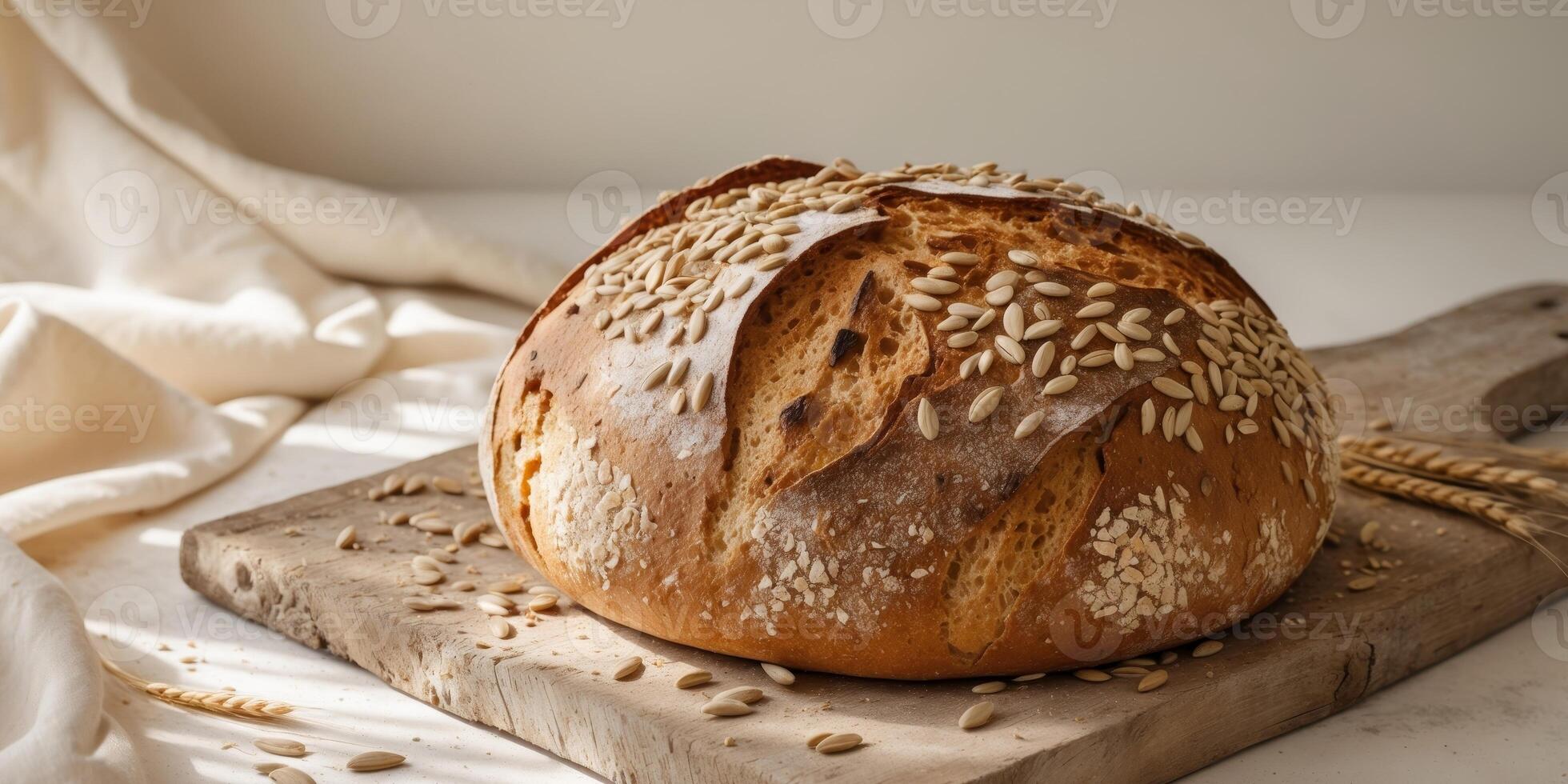Artisan Sourdough Bread with Wheat and Sunflower Seeds Freshly Baked showcasing a Golden Crust and Rustic Texture on a Wooden Board photo