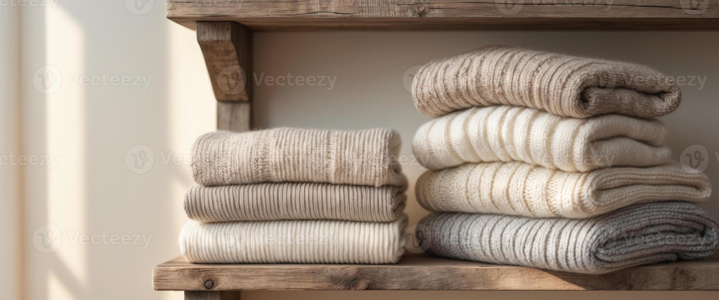 Cozy sweater collection in neutral tones on wooden shelf display for stylish home decor. photo