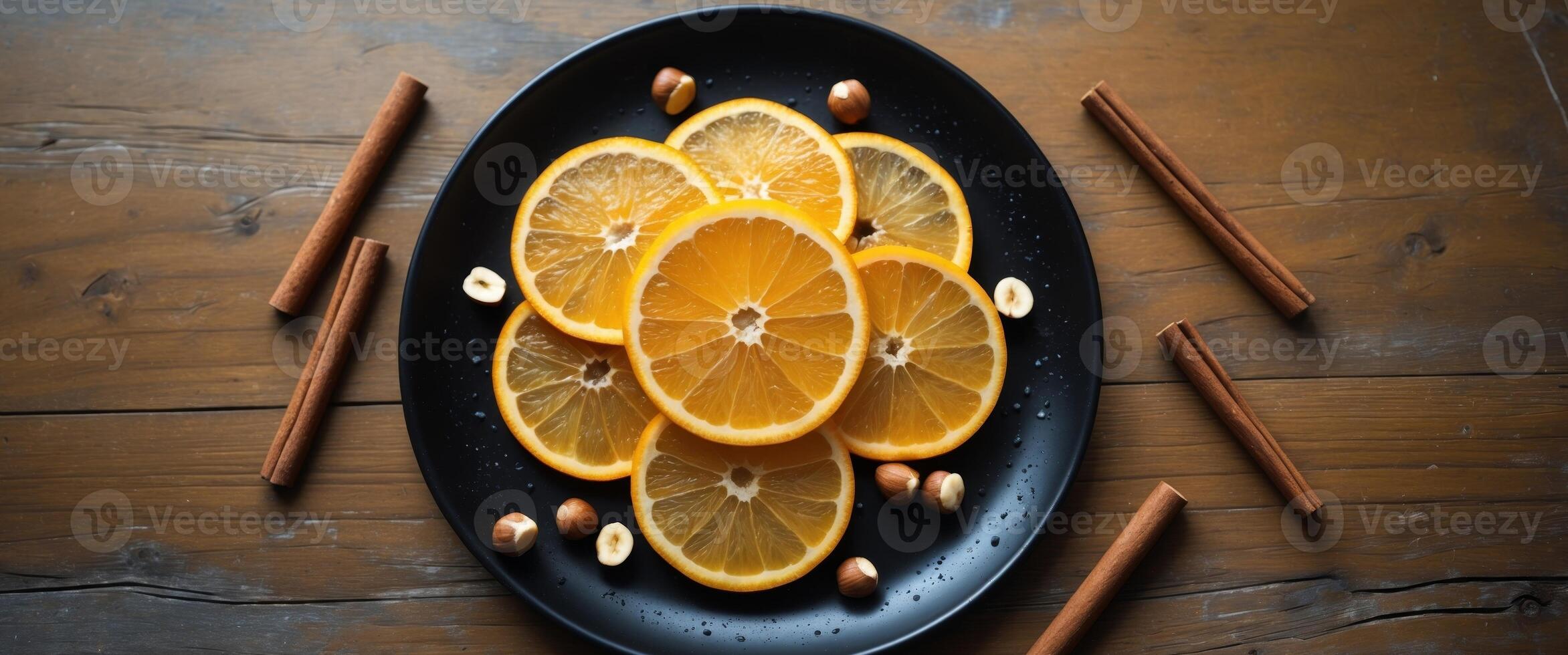 Fresh Orange Slices with Cinnamon Sticks and Hazelnuts on Black Plate Arranged on Wooden Table. photo