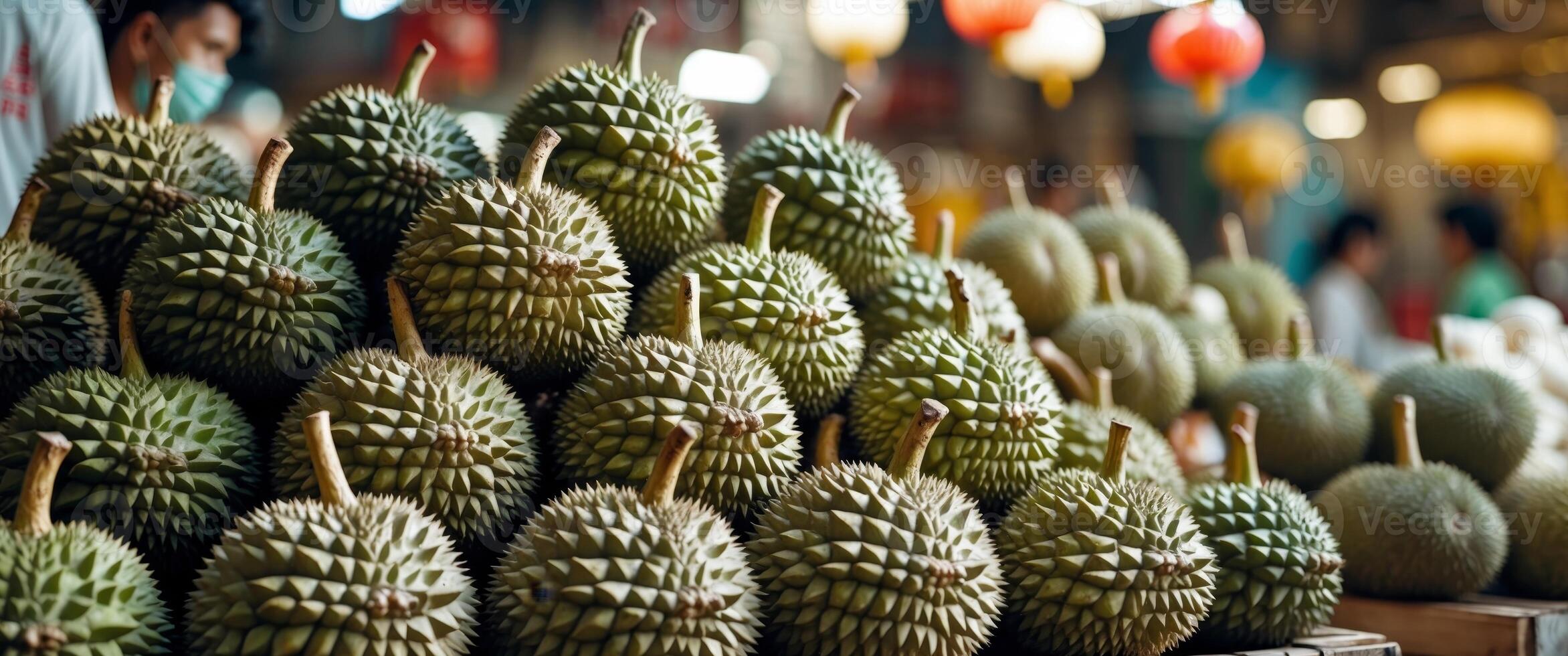 A pile of durians are on display at a market. photo