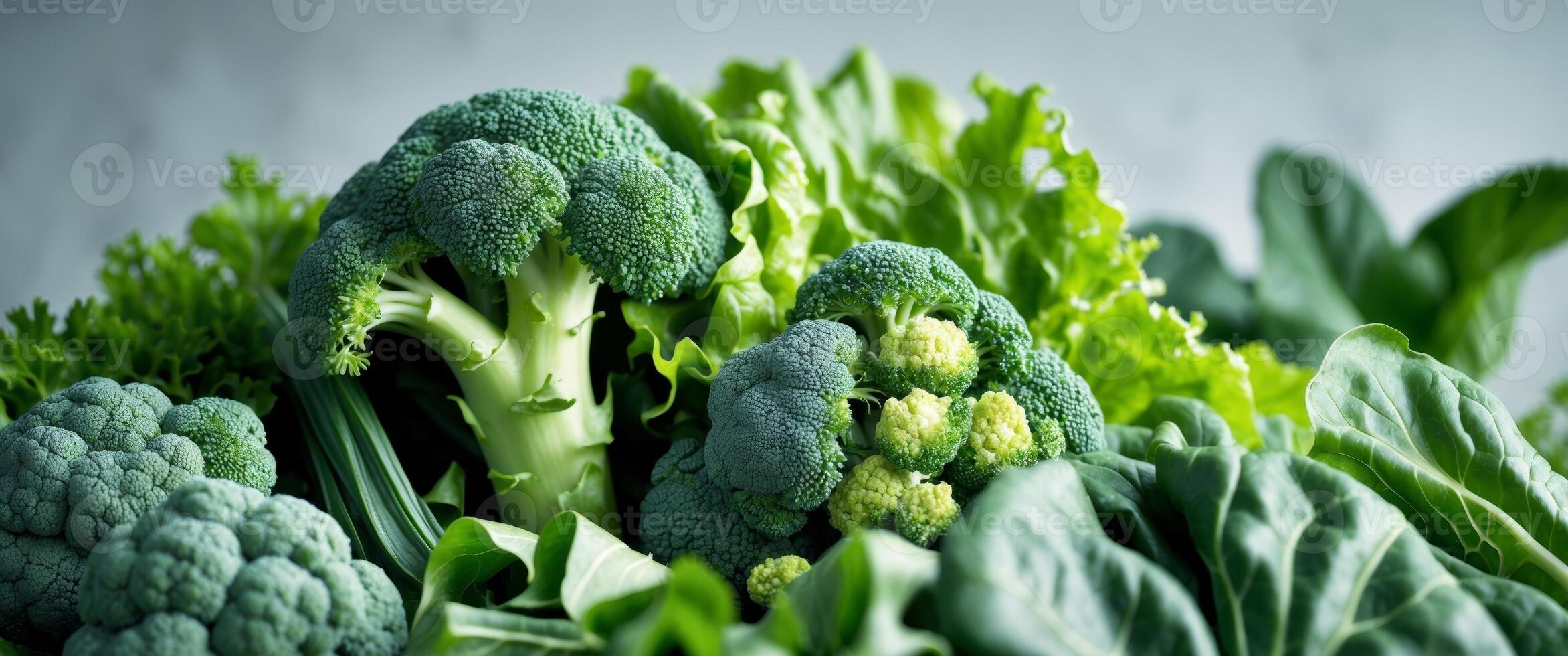 a close up of a variety of green vegetables including broccoli lettuce. photo