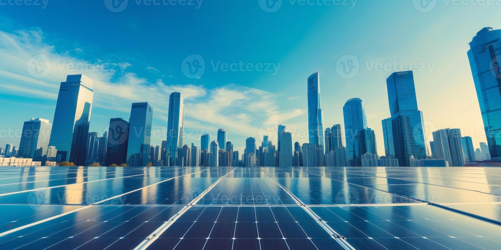 Vibrant City Skyline with Solar Panels in Foreground Under Clear Blue Sky photo