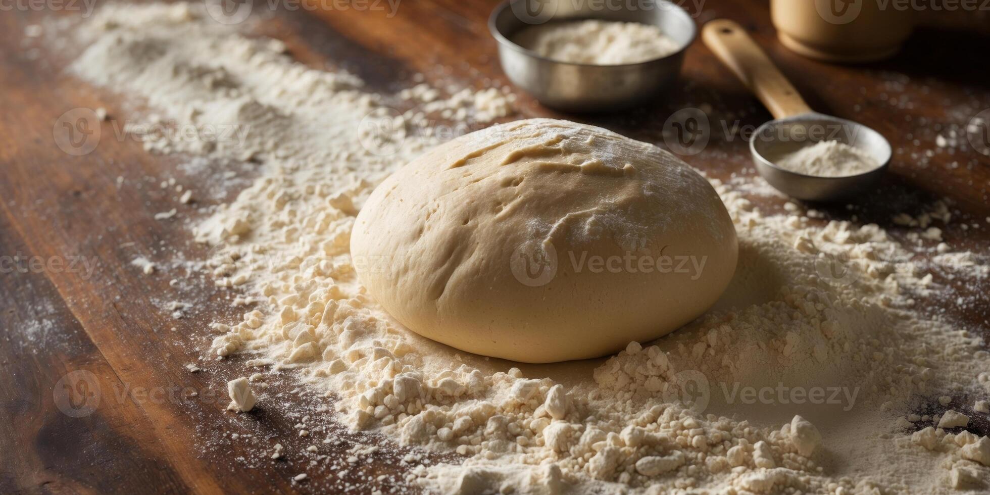 Rustic bread making process with dough flour and utensils on dark wooden surface photo