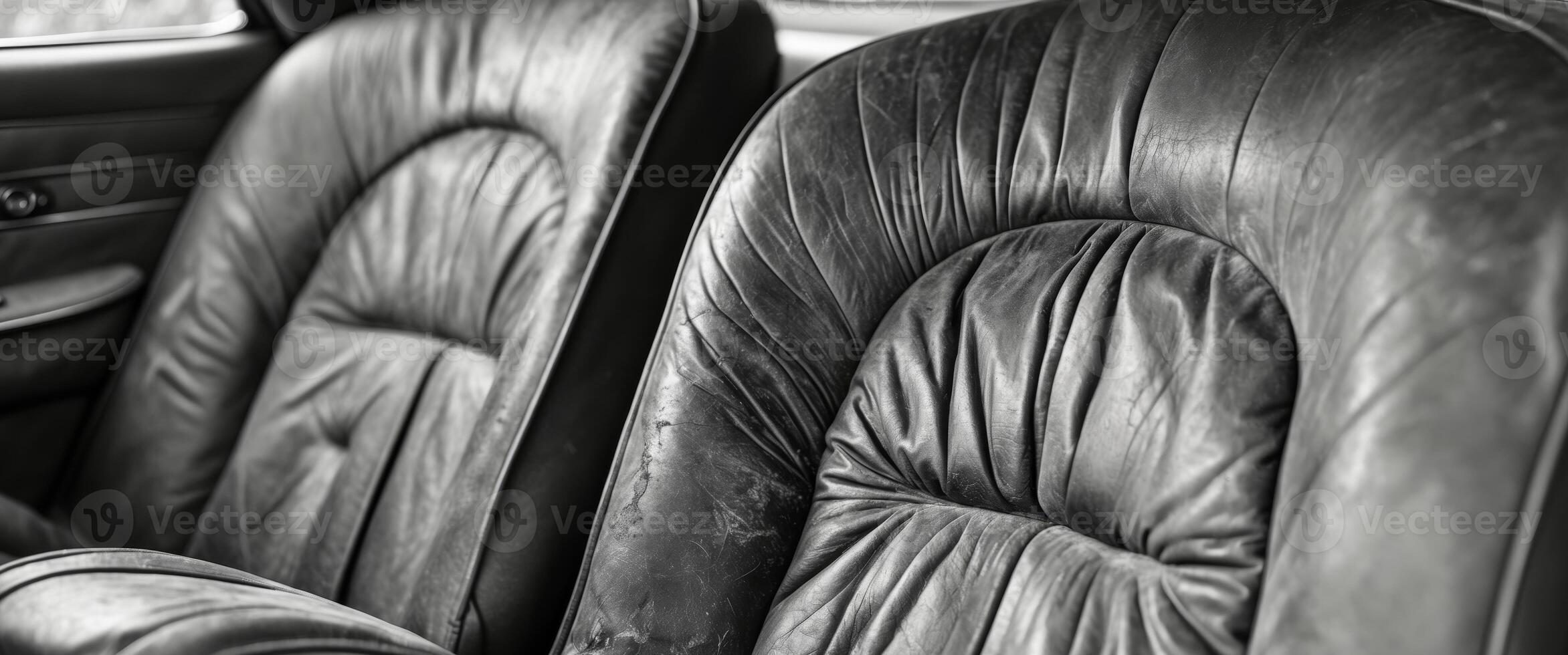 Aged Leather Car Seats Back Interior View. photo