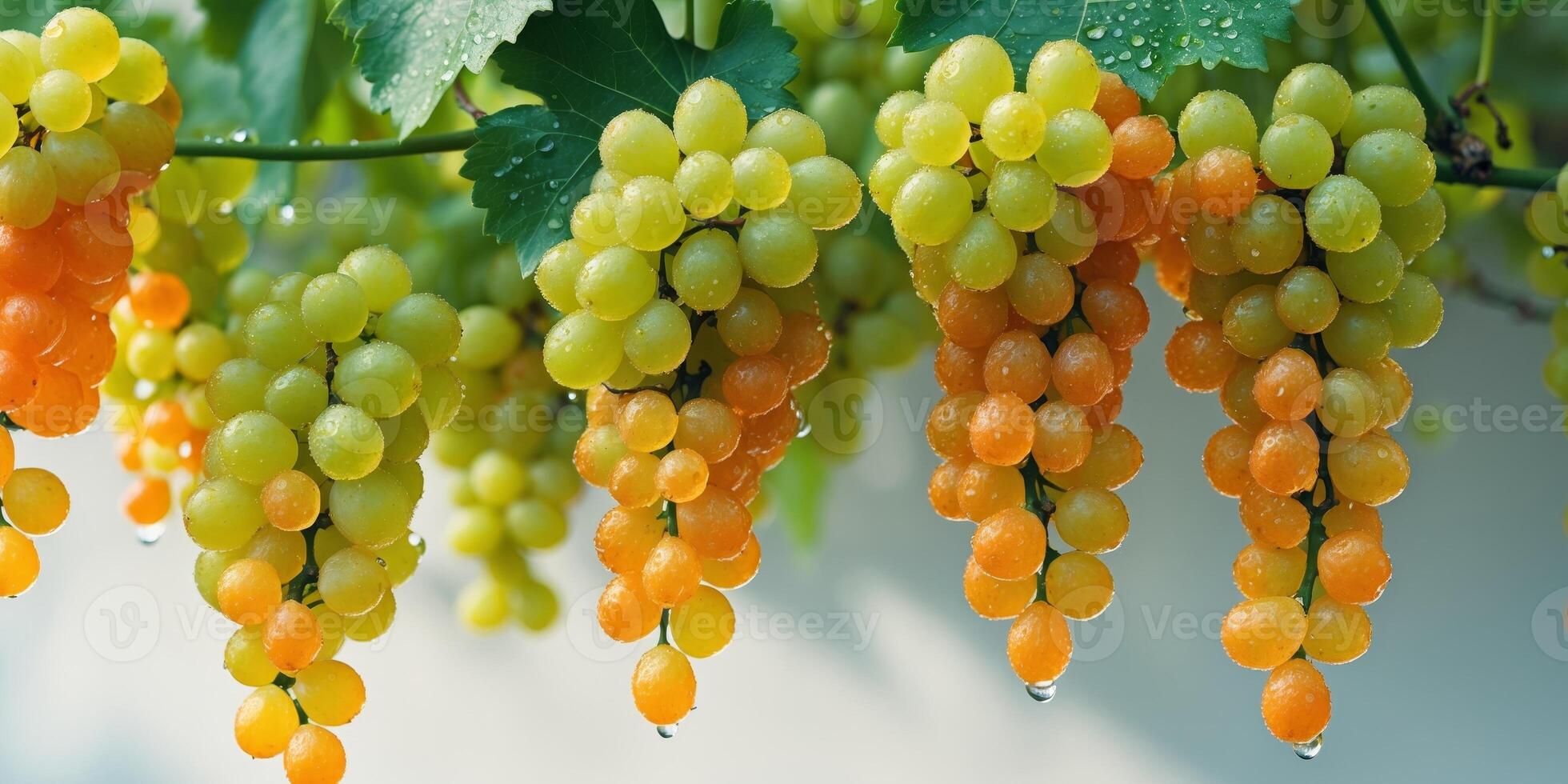 Clusters of Yellow and Orange Grapes on Vine with Dew. photo