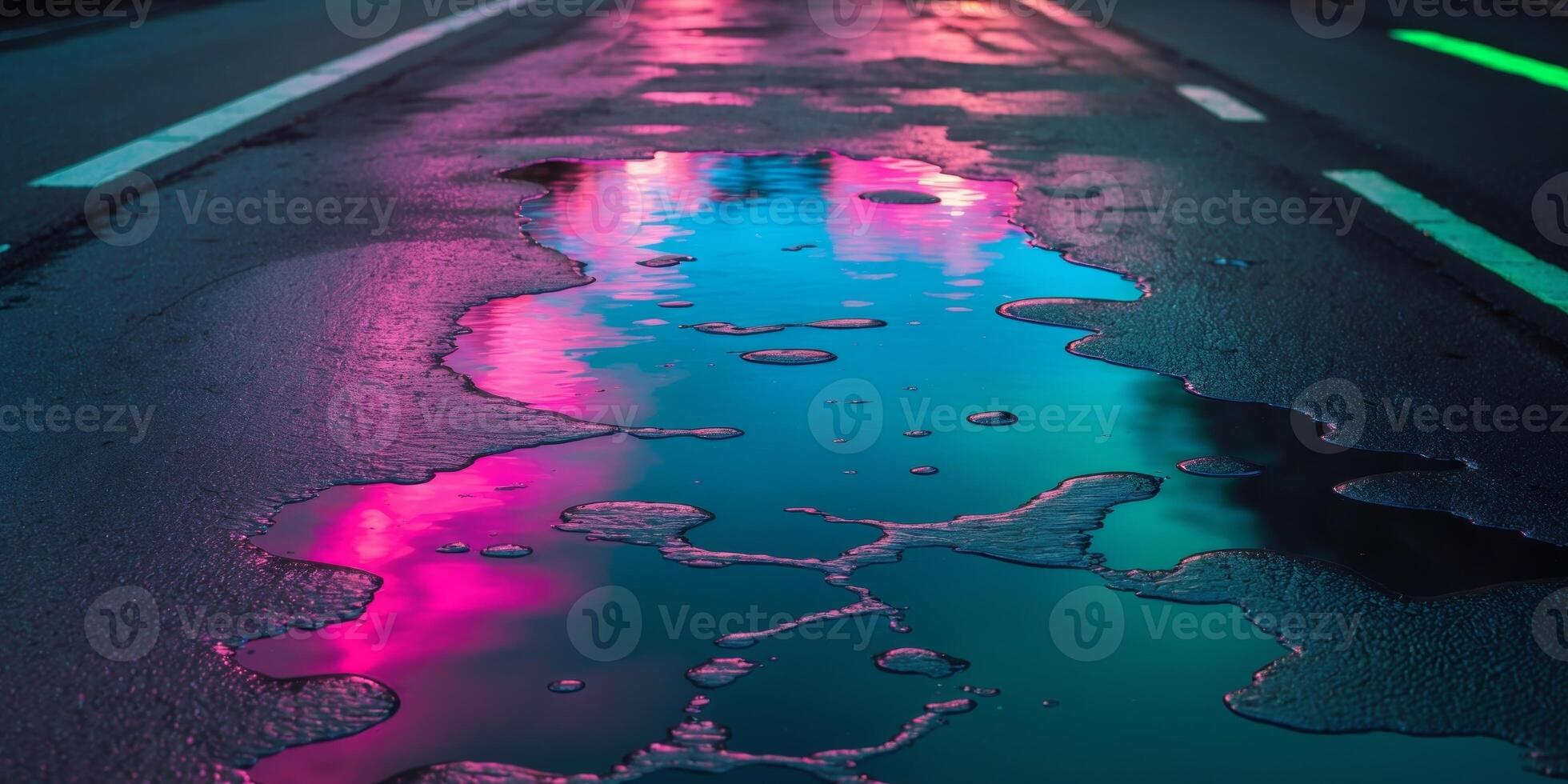 Neon Reflection in Puddle on Urban Street. photo