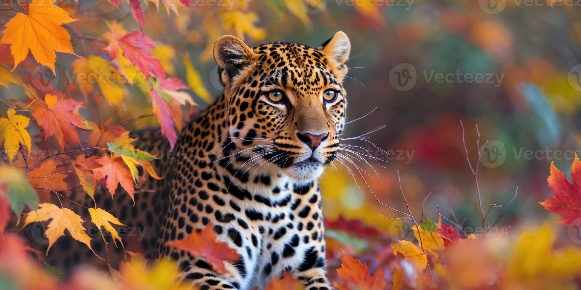 Playful leopard surrounded by colorful autumn foliage. photo