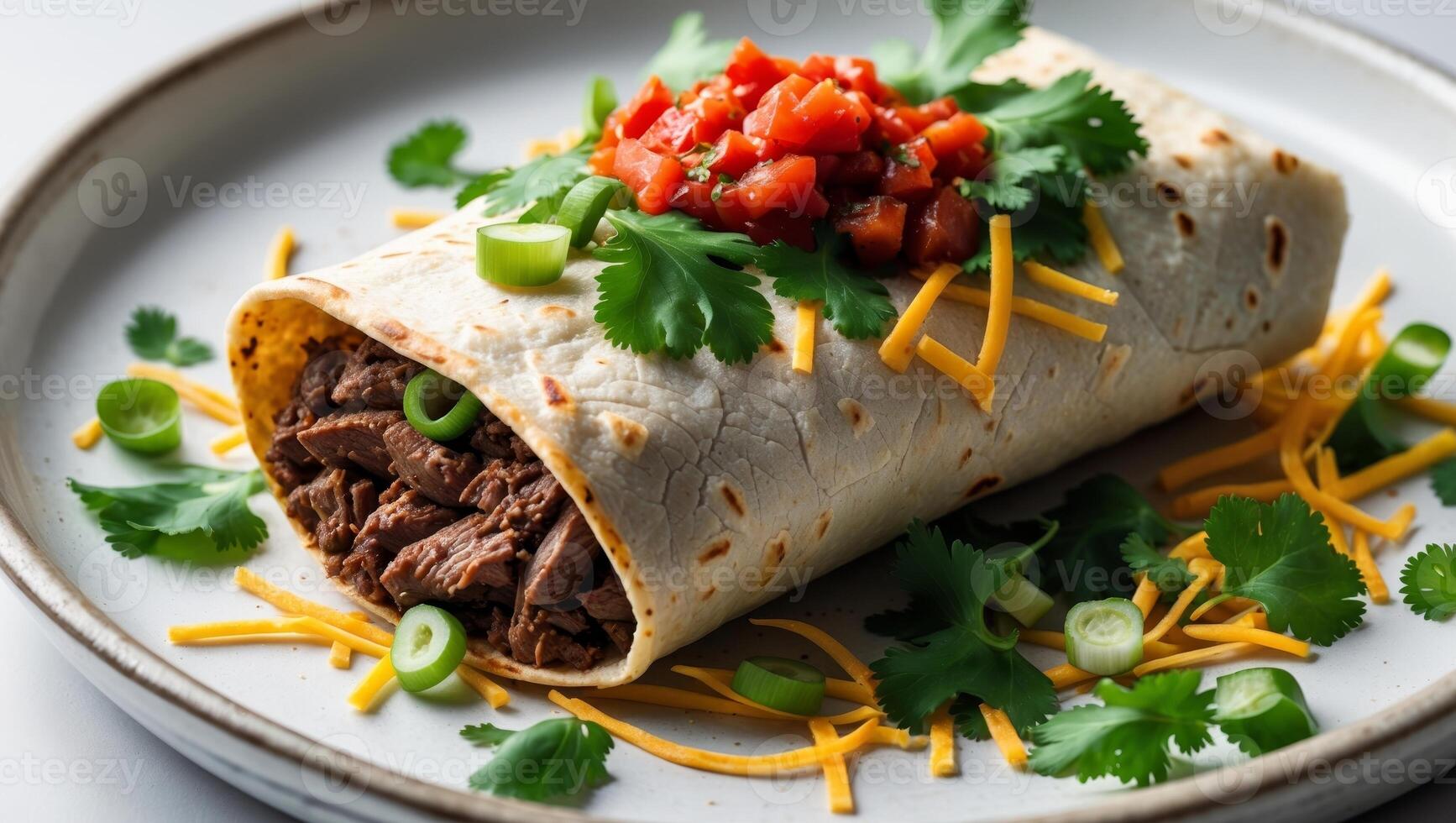Delicious beef burritos with fresh salsa and herbs on a plate ready to eat photo