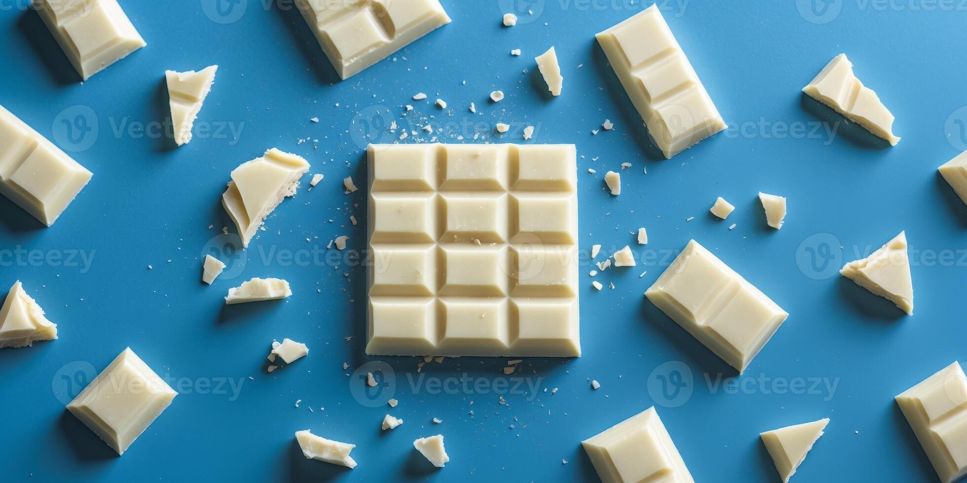 White chocolate bar with broken pieces on blue background showcasing a delightful confectionery treat. photo