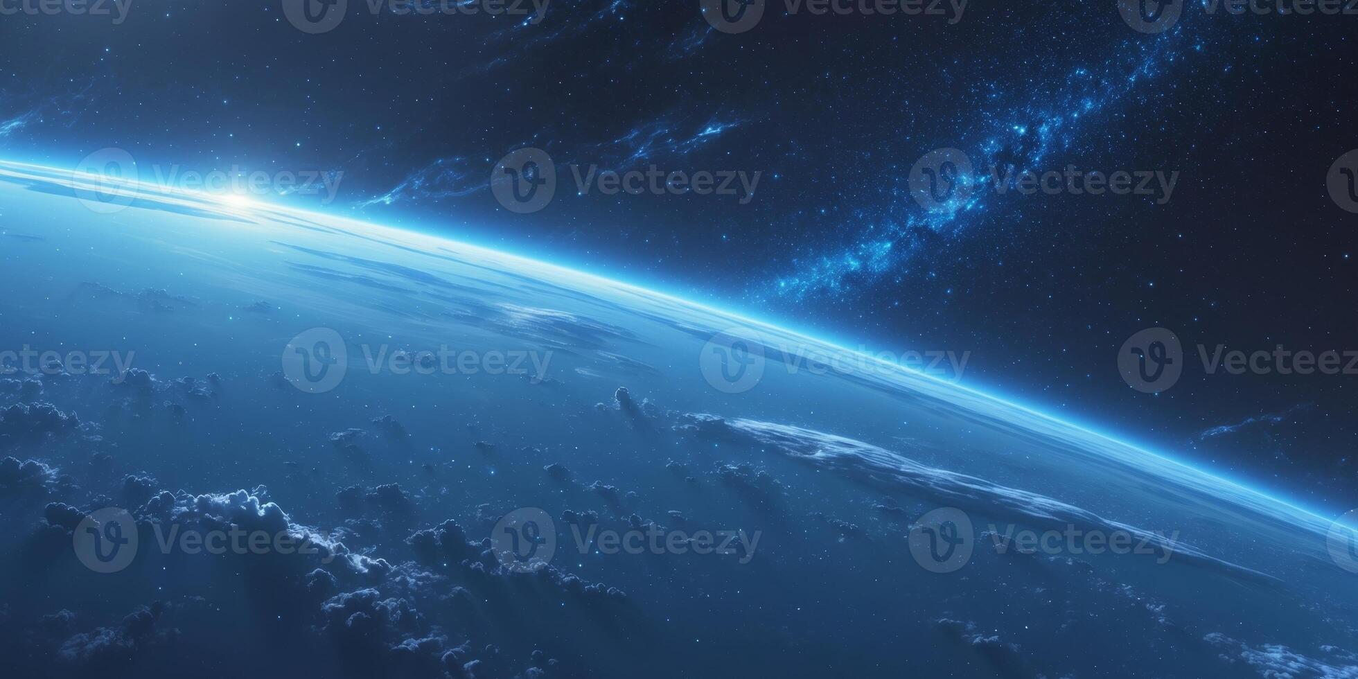 Earth from Space Illuminated by Blue Horizon Starry Background in Futuristic Digital Art. photo