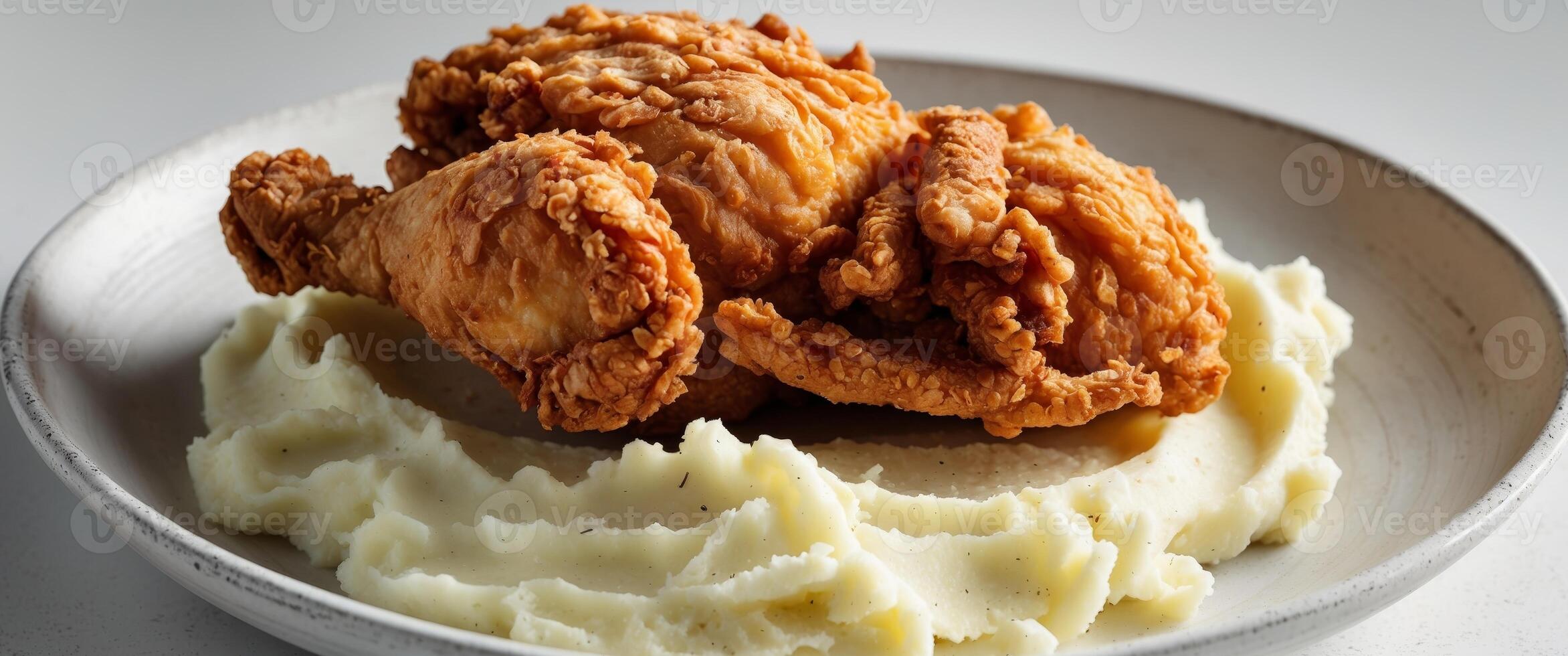close up of crispy fried chicken with mashed potatoes on a white plate photo