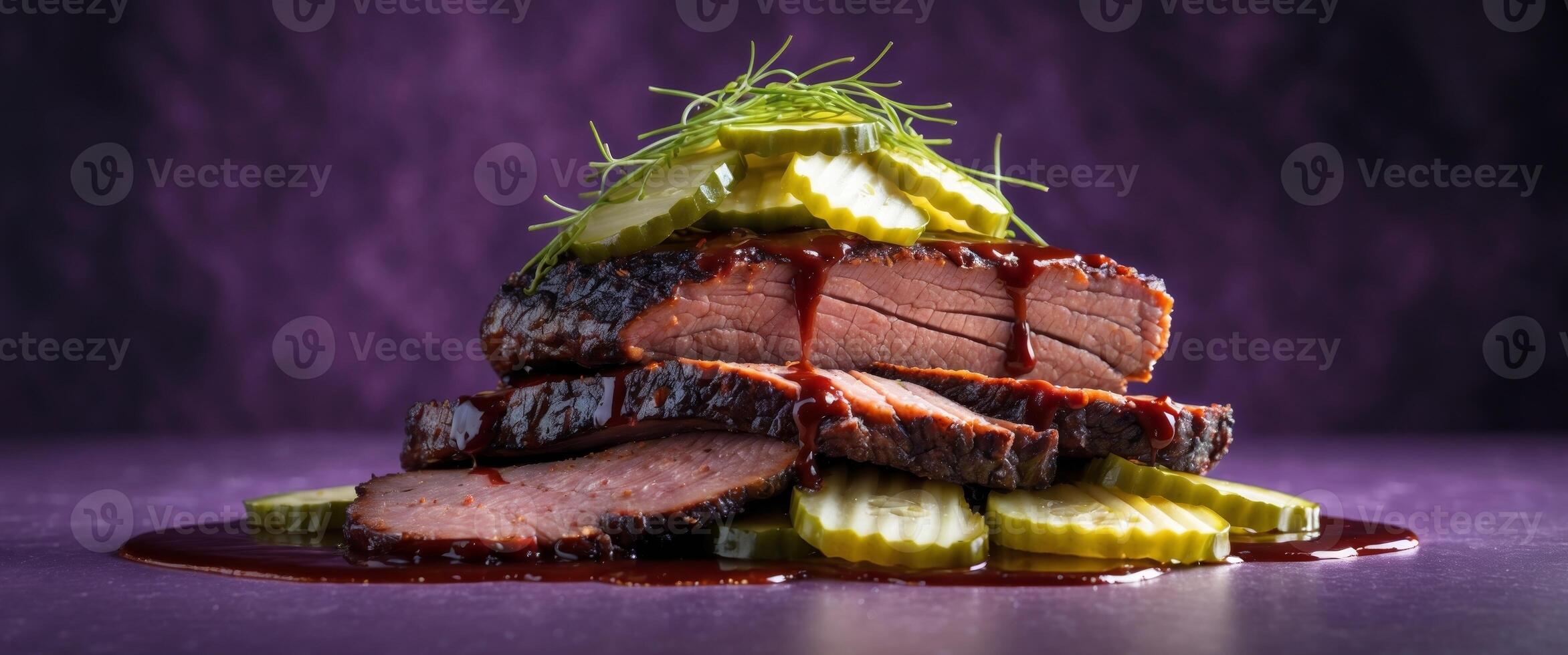 Flying smoked brisket with pickles and barbecue sauce on a deep purple background photo