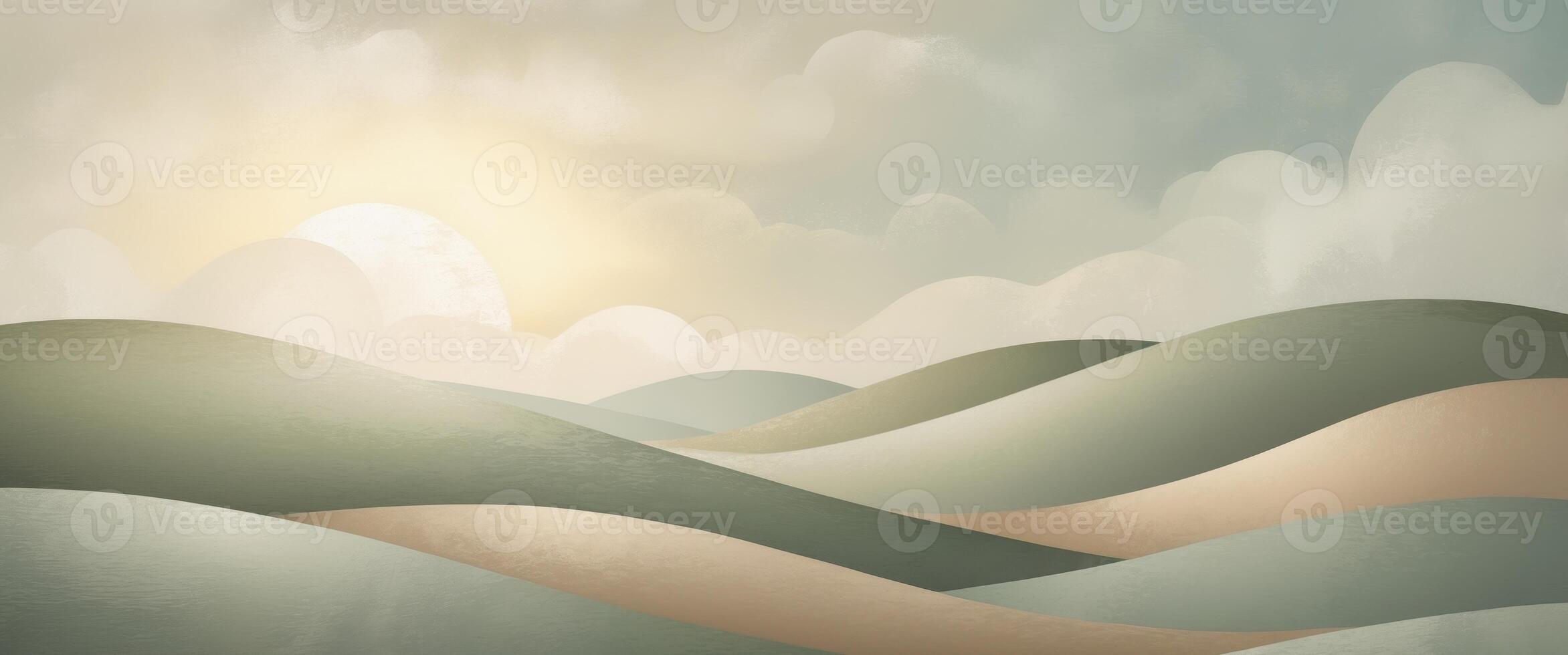 Abstract landscape with rolling hills and a soft sun. photo