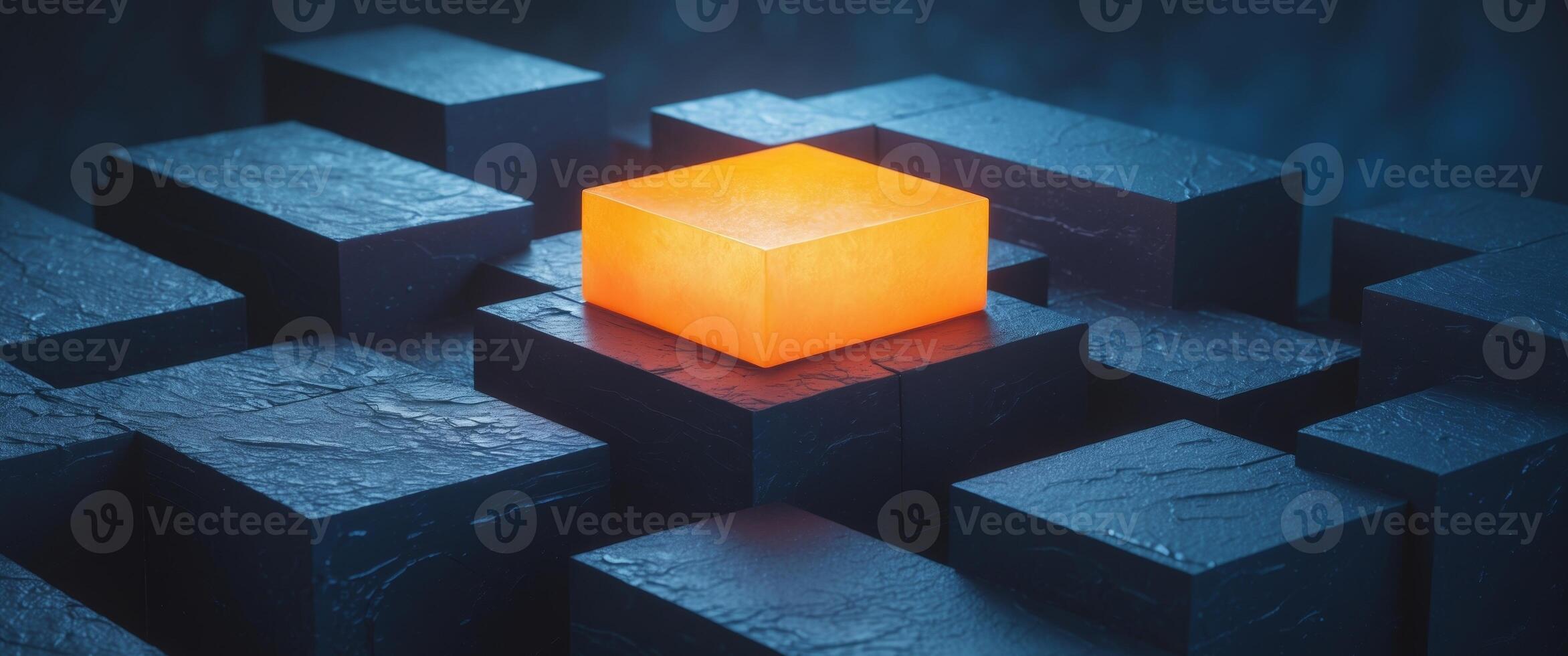 Abstract Orange Glowing Square Within Dark Blue Textured Blocks. photo