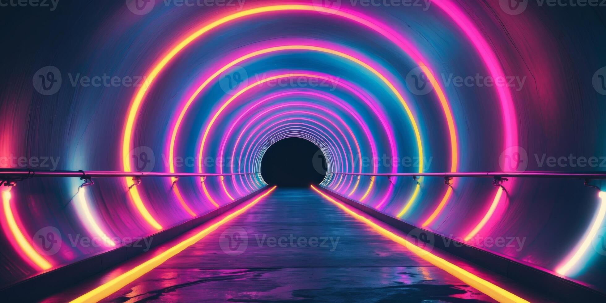 Vibrant Neon Tunnel with Colorful Circular Lights and Pathway. photo