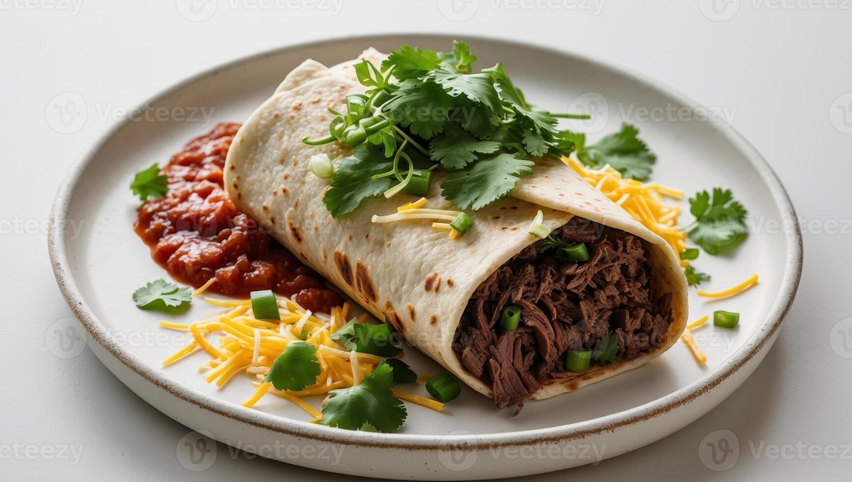 Delicious beef burritos with fresh salsa and herbs on a plate ready to eat. photo