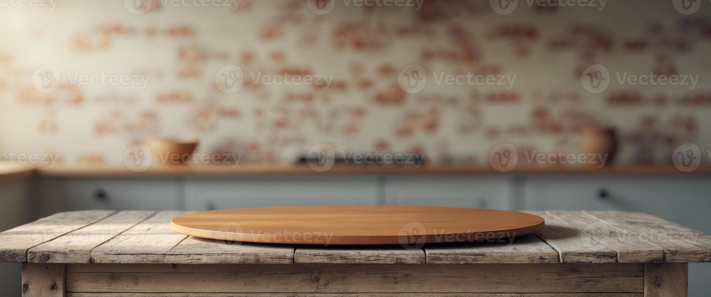 Empty round wooden tabletop on a wooden table with a blurred kitchen background and brick wall backdrop. photo