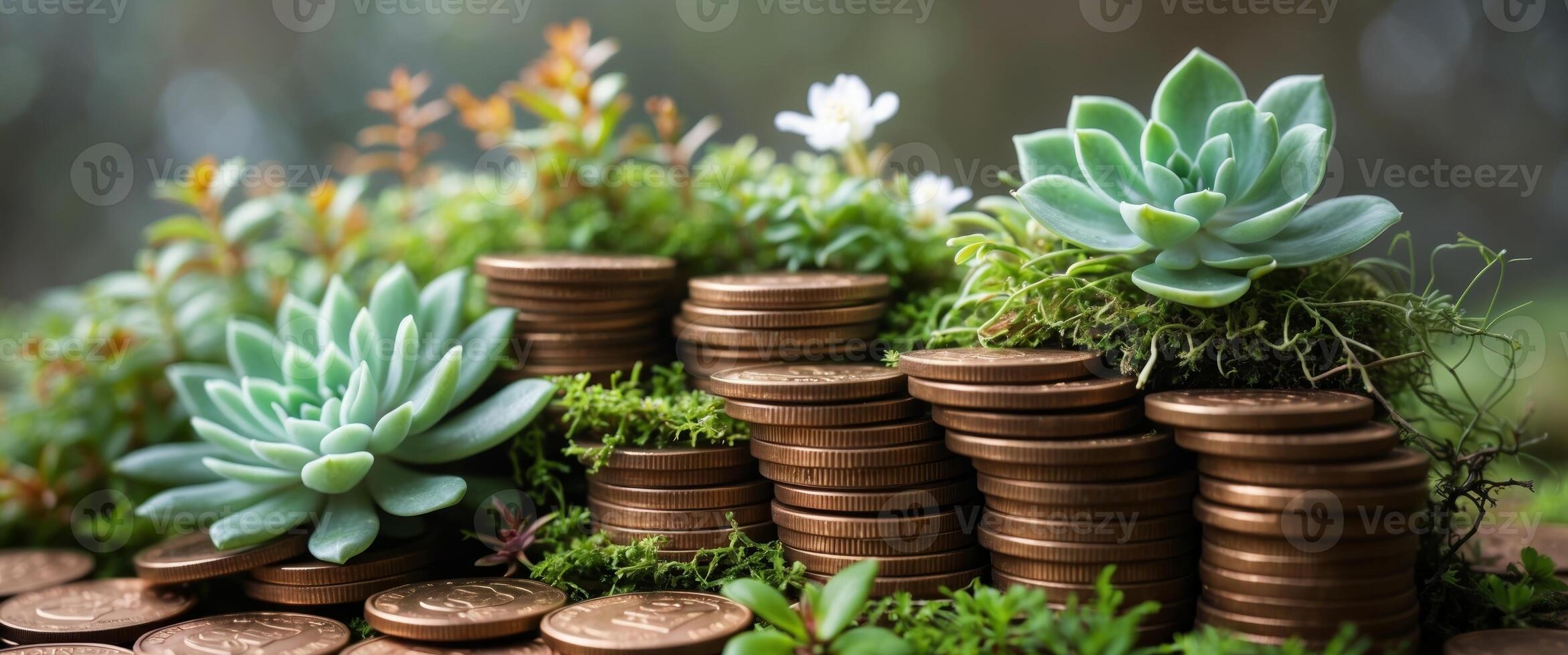 Plants Growing From Stacked Coins In Mossy Garden - Growth Prosperity Investment Concept photo