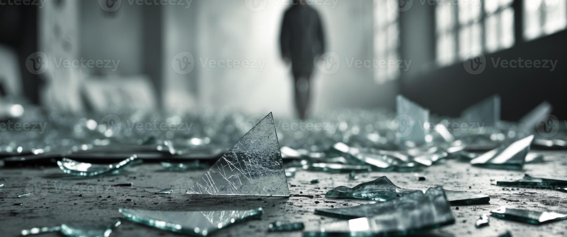 Broken window glass shards on floor with blurry figure in background. photo