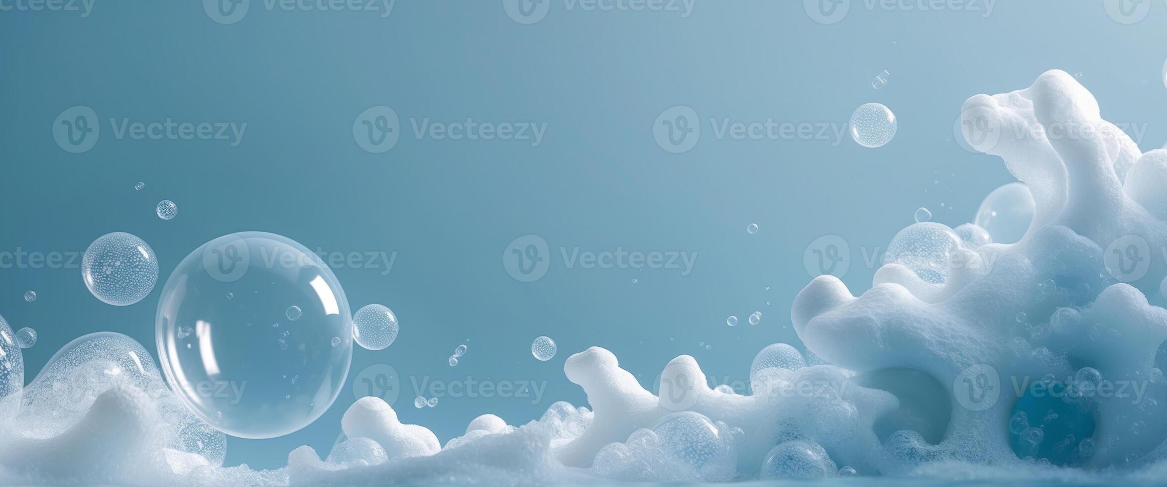 Macro shot of soap bubbles and foam on a blue background for a fresh and clean vibe -. photo