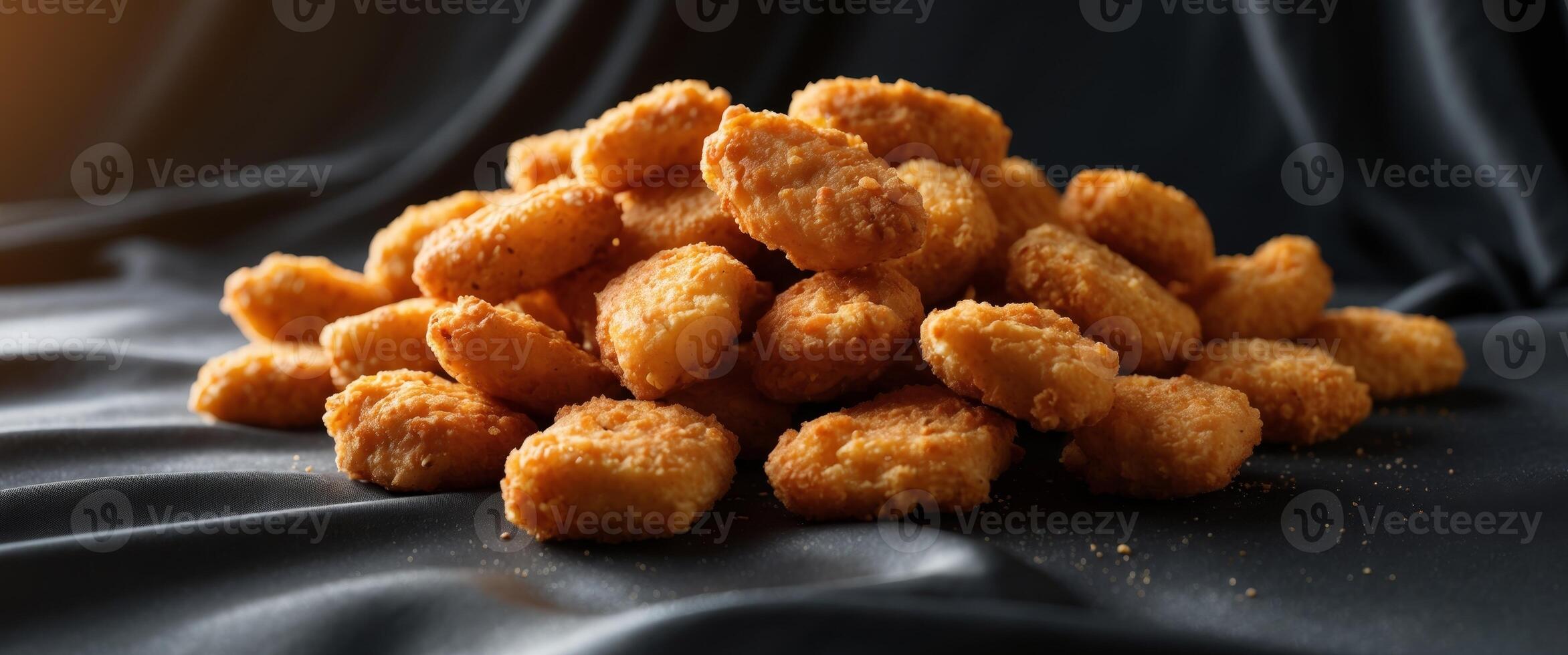 Pile of fried chicken nuggets on a black background showcasing golden crispy texture and appetizing appearance. photo