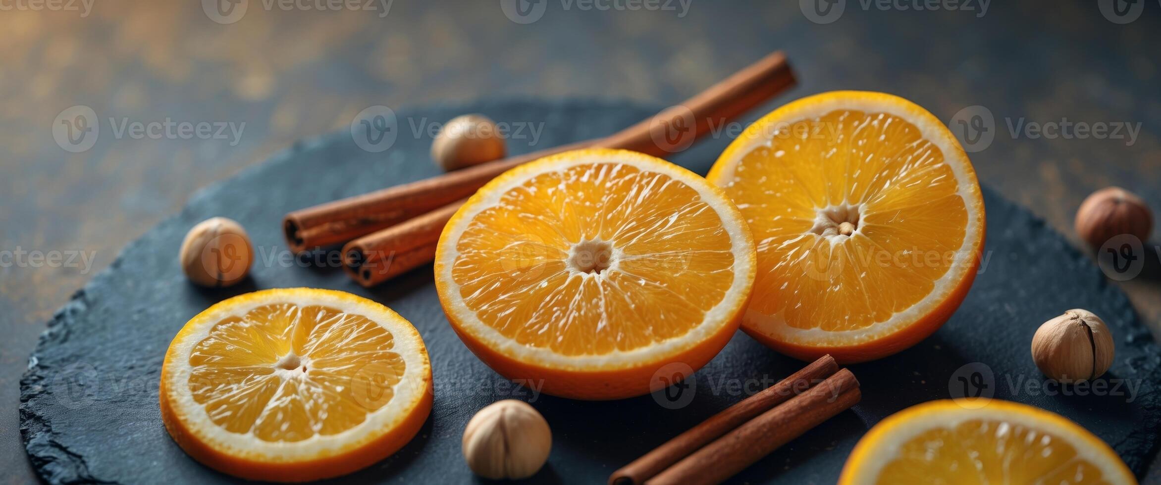 Fresh Orange Slices with Cinnamon Sticks and Hazelnuts on Dark Slate Surface for Healthy Recipe Ideas photo