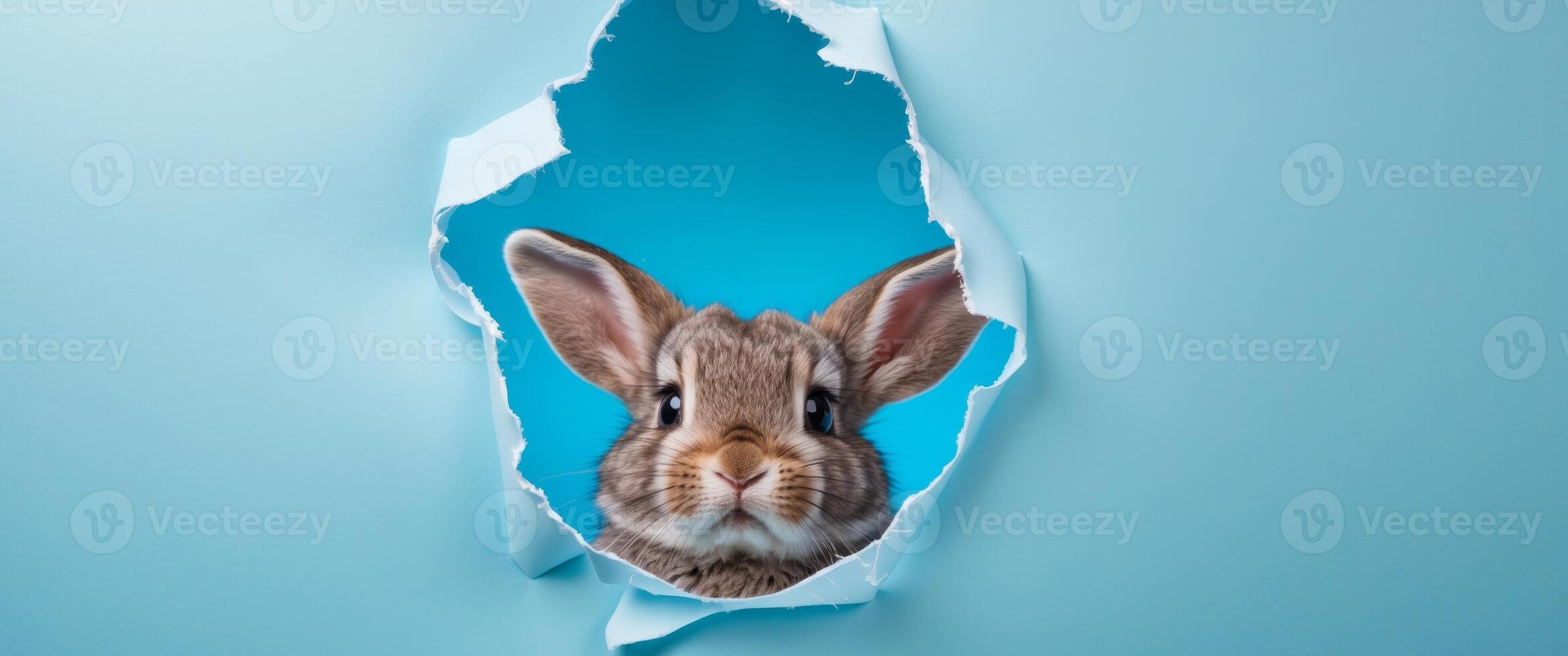 Cute Bunny Peeking Through Torn Paper Hole with Bright Blue Background and Playful Expression photo