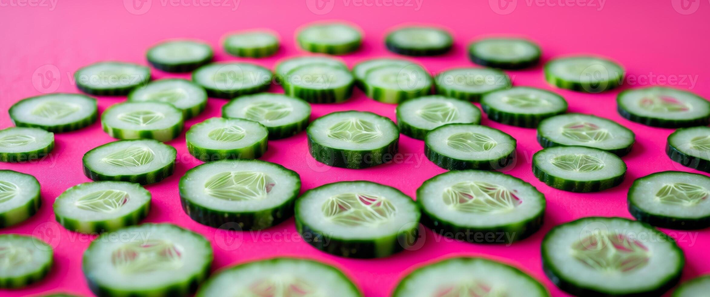 Cucumber slices arranged in a circle on vibrant pink background photo