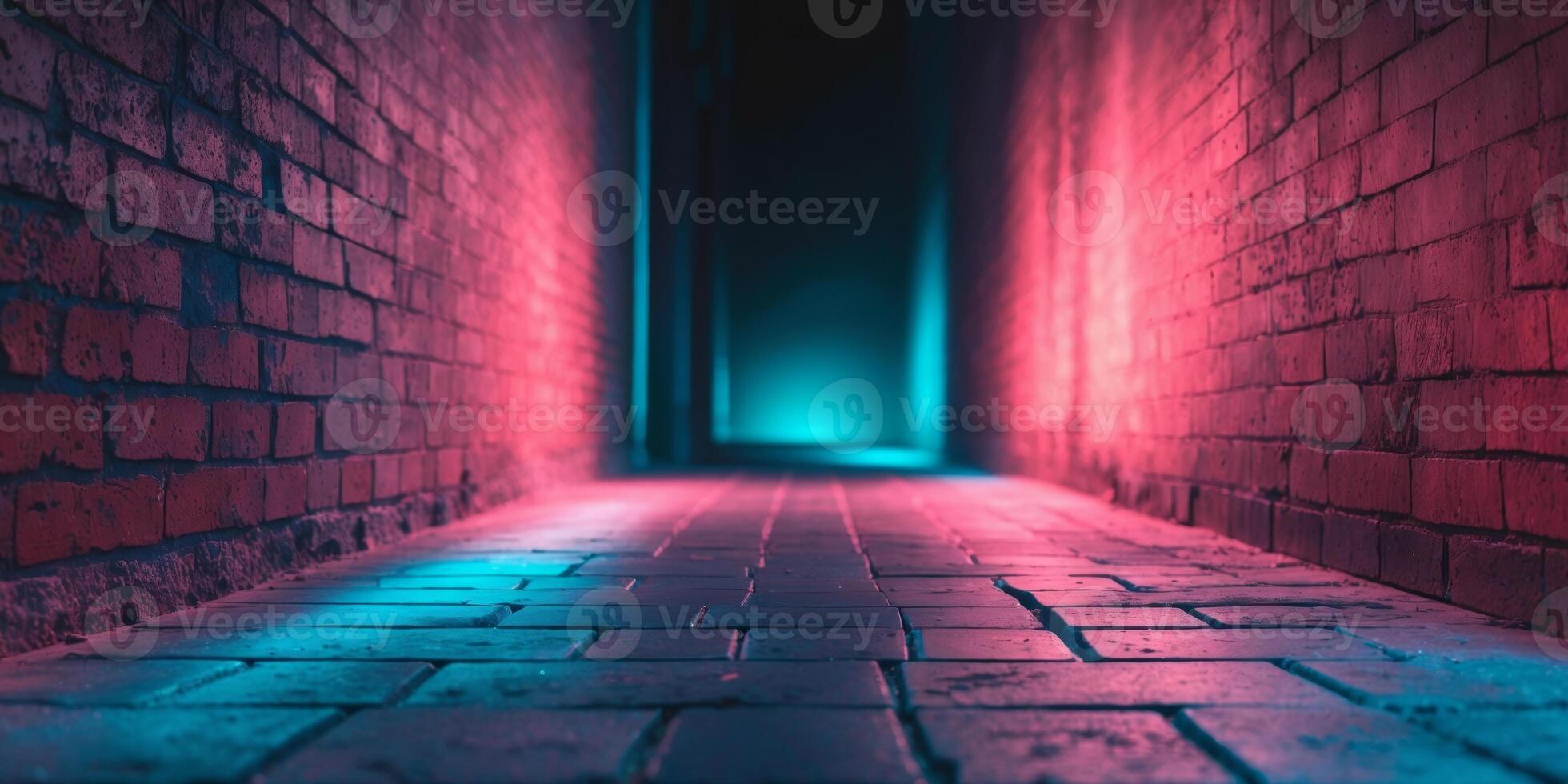 Darkened alleyway with brick wall illuminated by soft pink and blue light. photo