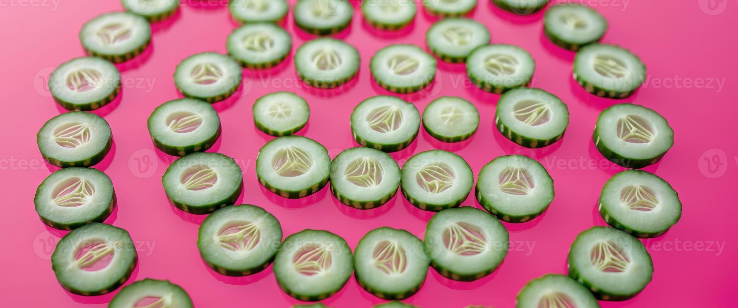 Cucumber slices arranged in a circle on vibrant pink background. photo
