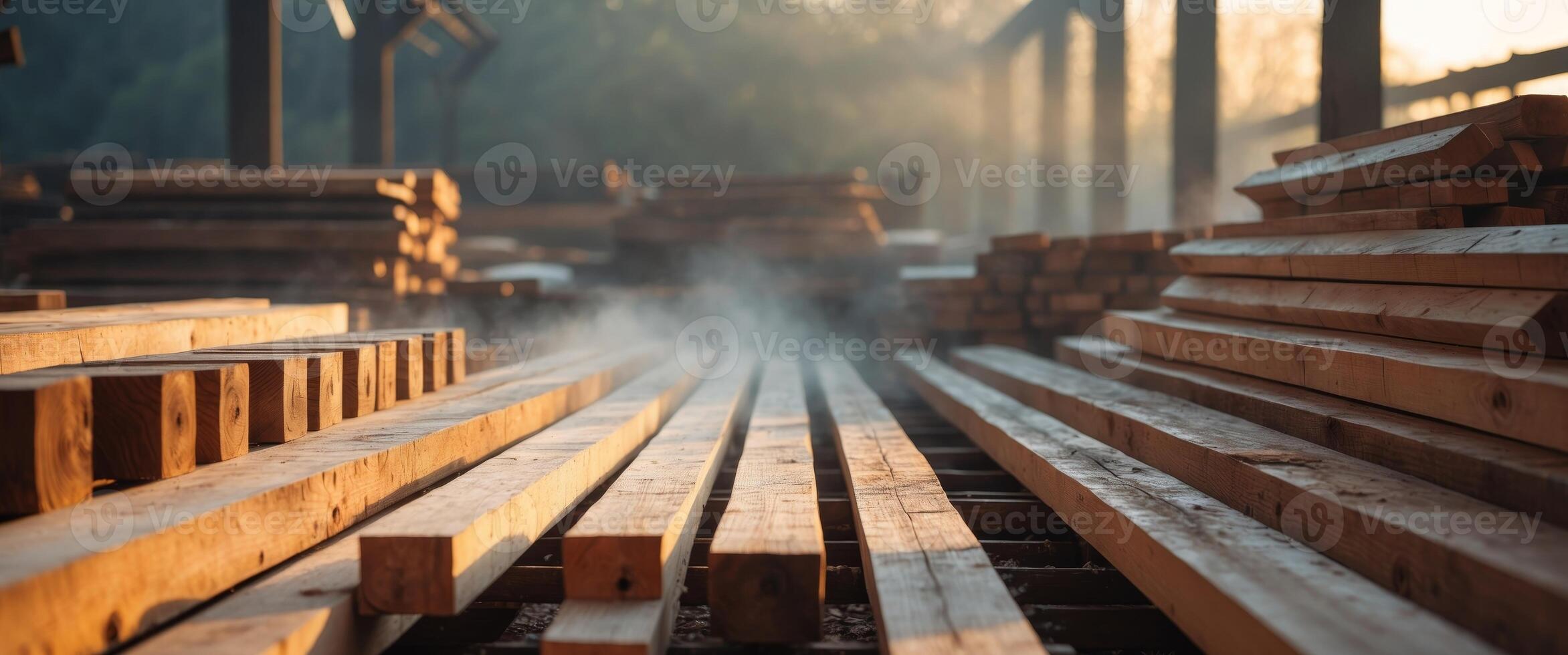 Wooden beams prepared for construction at a sawmill in the early morning. photo