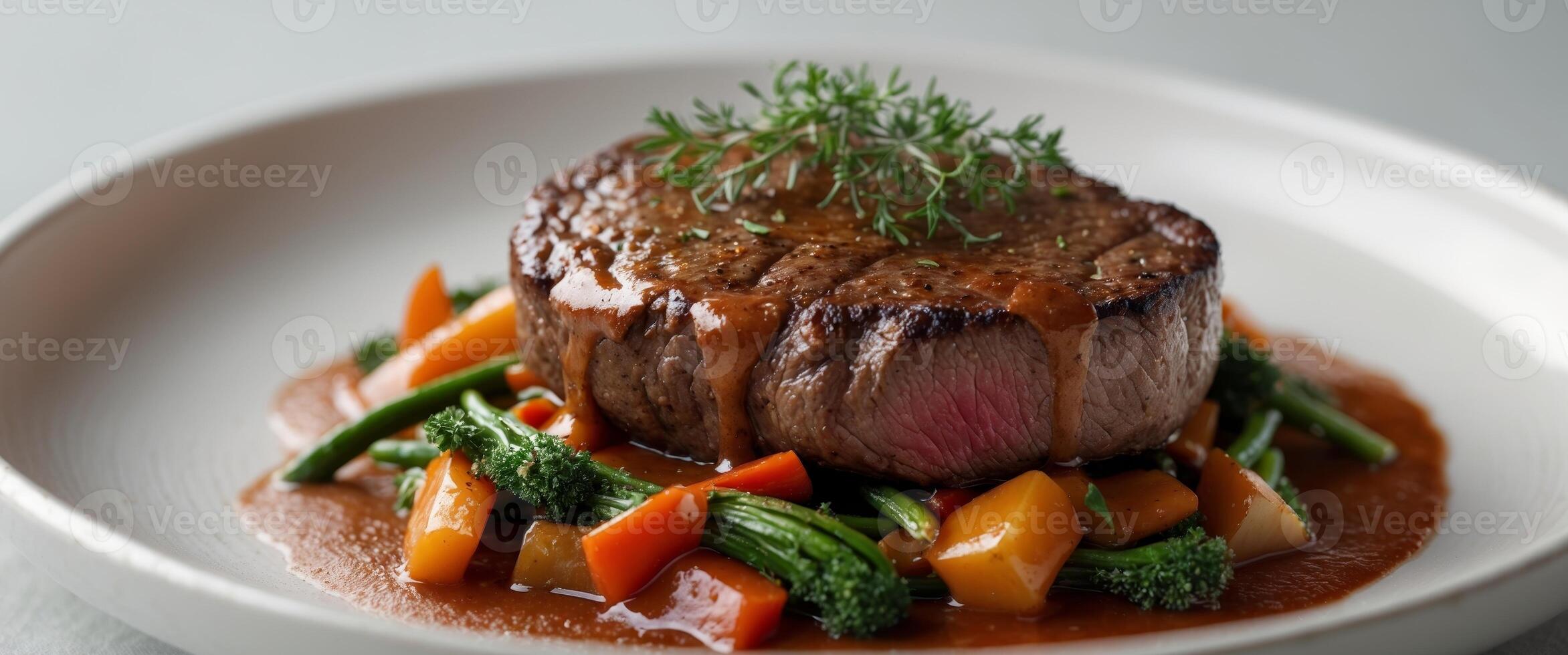 Gourmet beef steak with vegetables and sauce on a white plate. photo