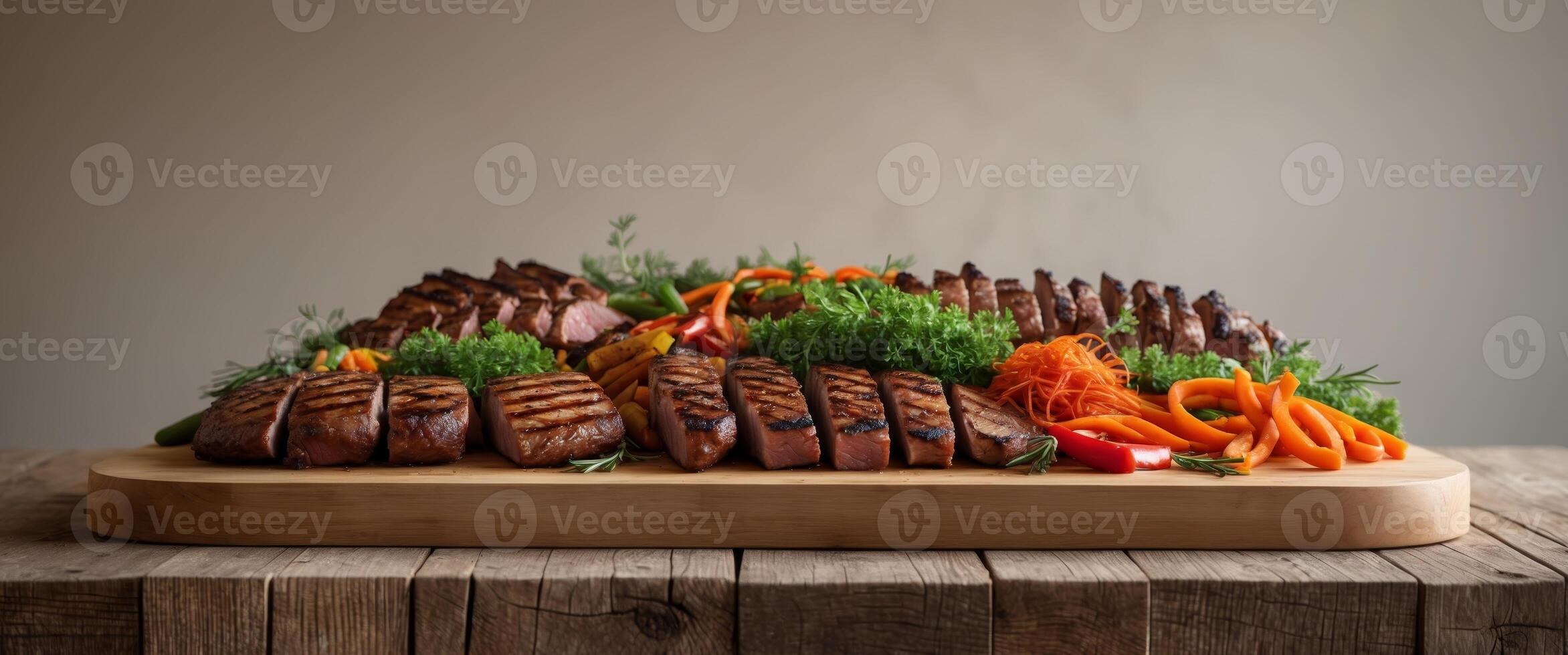 Wooden cutting board with grilled meat and vegetables on buffet table for food presentation photo