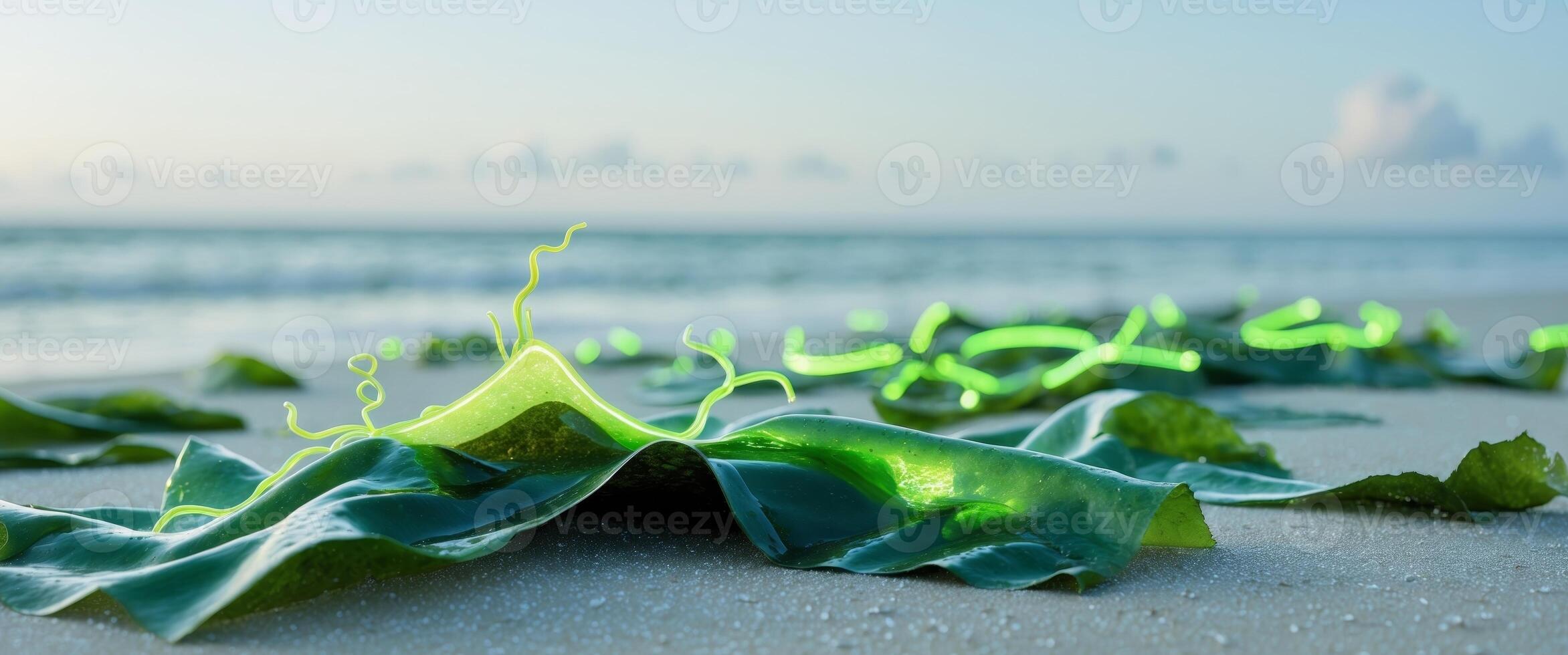 Wet seaweed with imagined neon green highlights on the shore under a bright sky. photo