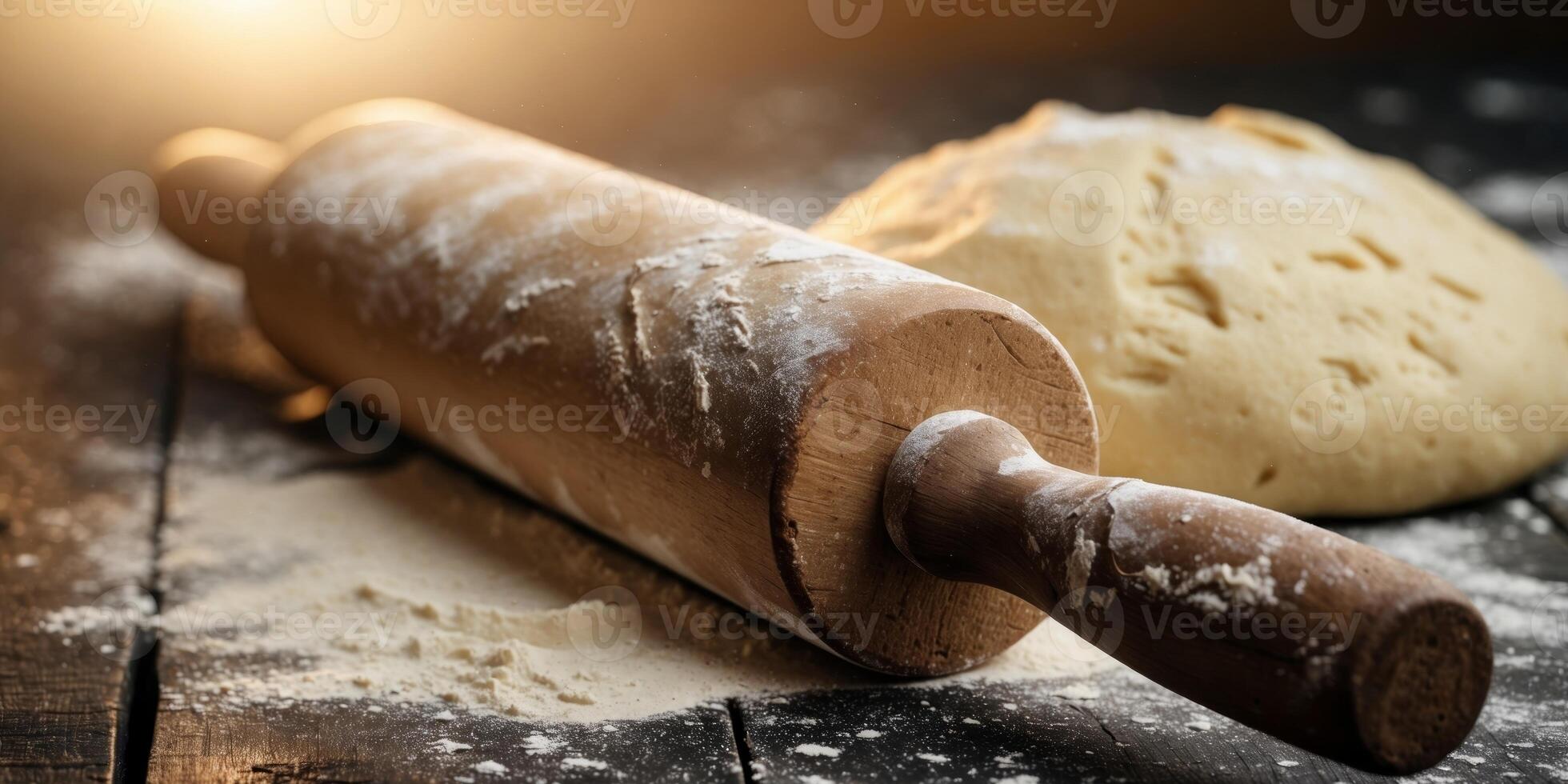 Rustic bread making with rolling pin and dough on dark wooden surface. photo