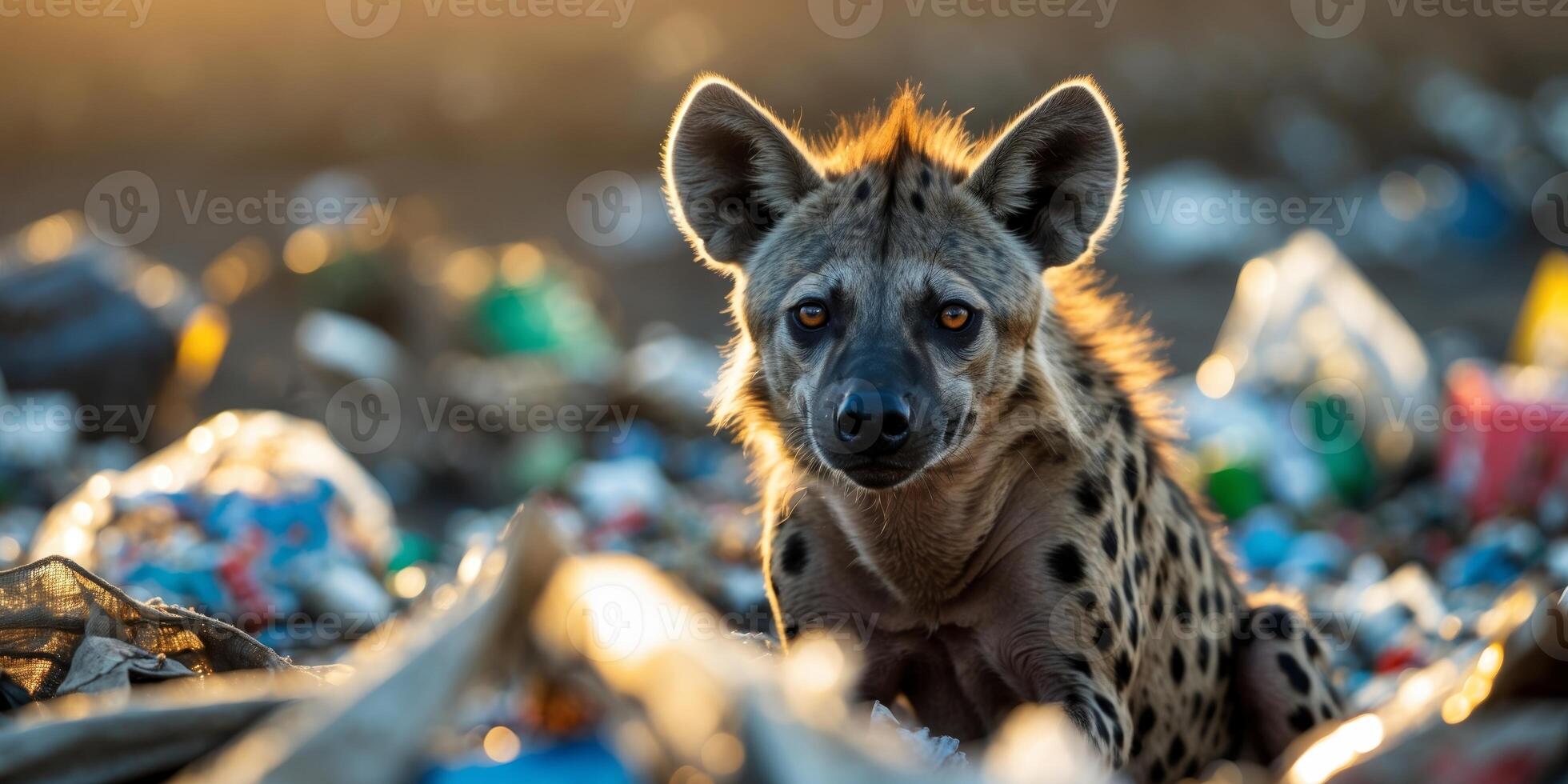 Hyena Sitting Amidst Garbage in a Wide Angle Shot Capturing Wildlife's Struggle for Survival photo