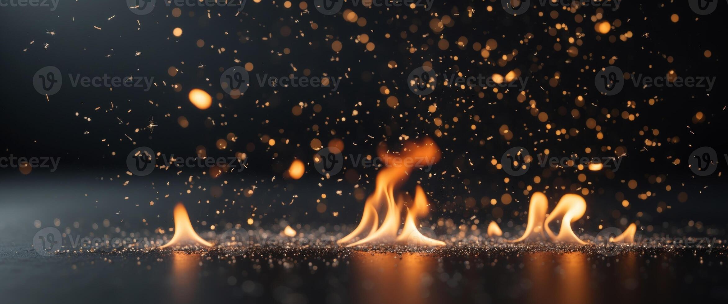 Abstract Fire Embers Particles Floating Over Dark Background with Glittering Sparks photo