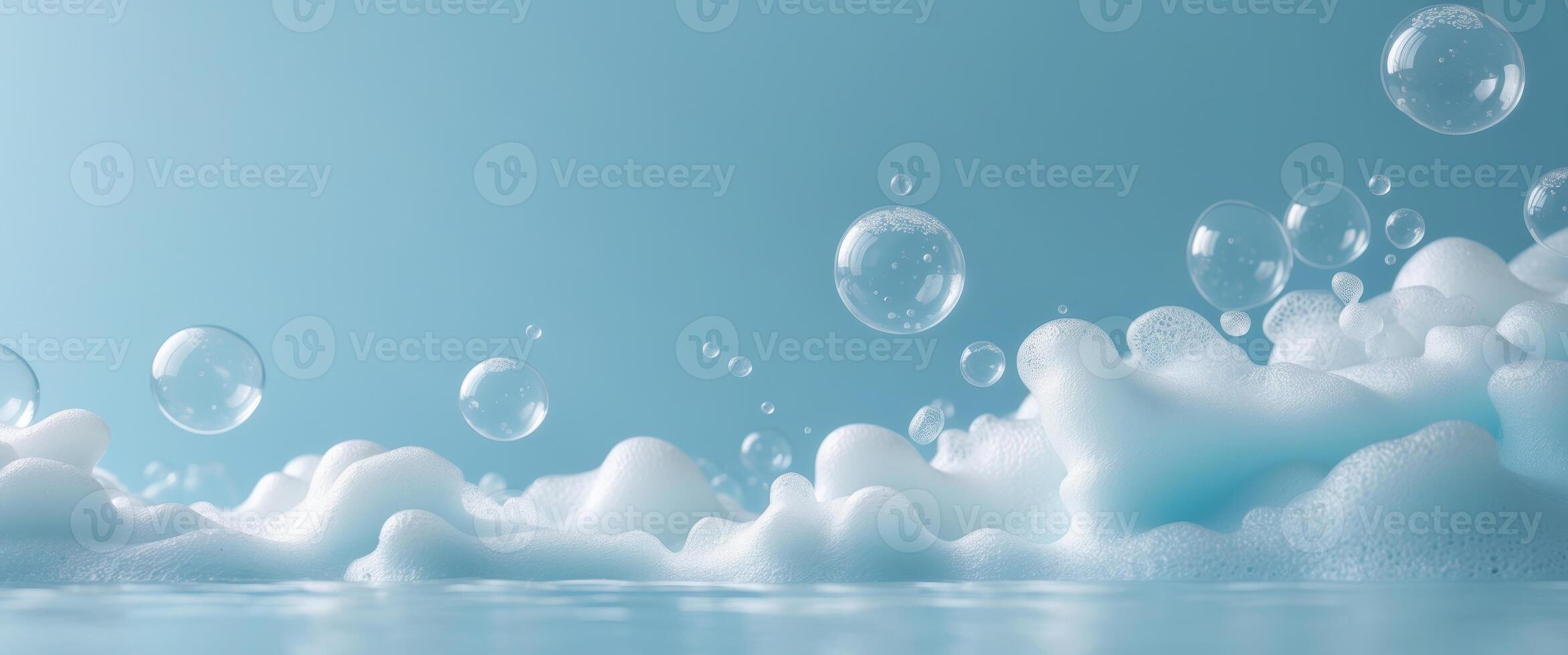 Macro shot of soap bubbles and foam on a blue background for a fresh and clean vibe - photo