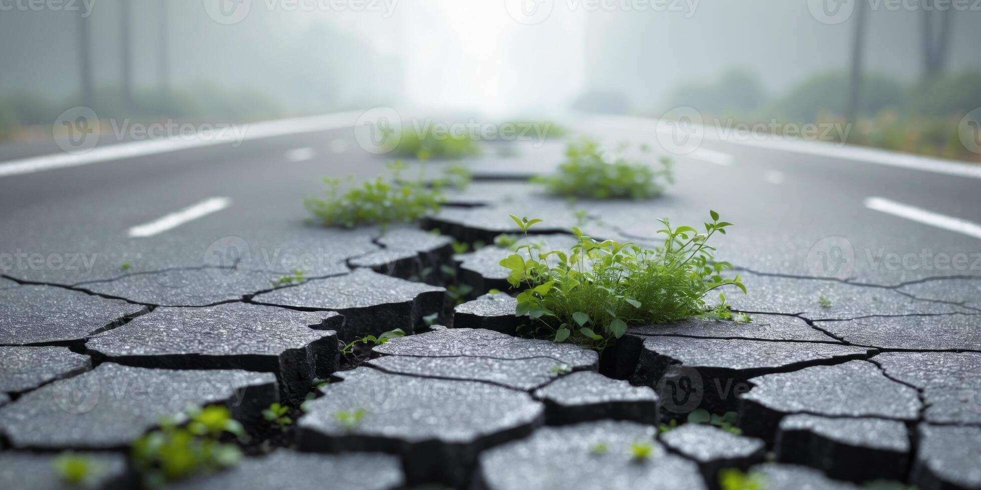 Cracked asphalt road surface with resilient plant life pushing through the fissures. photo