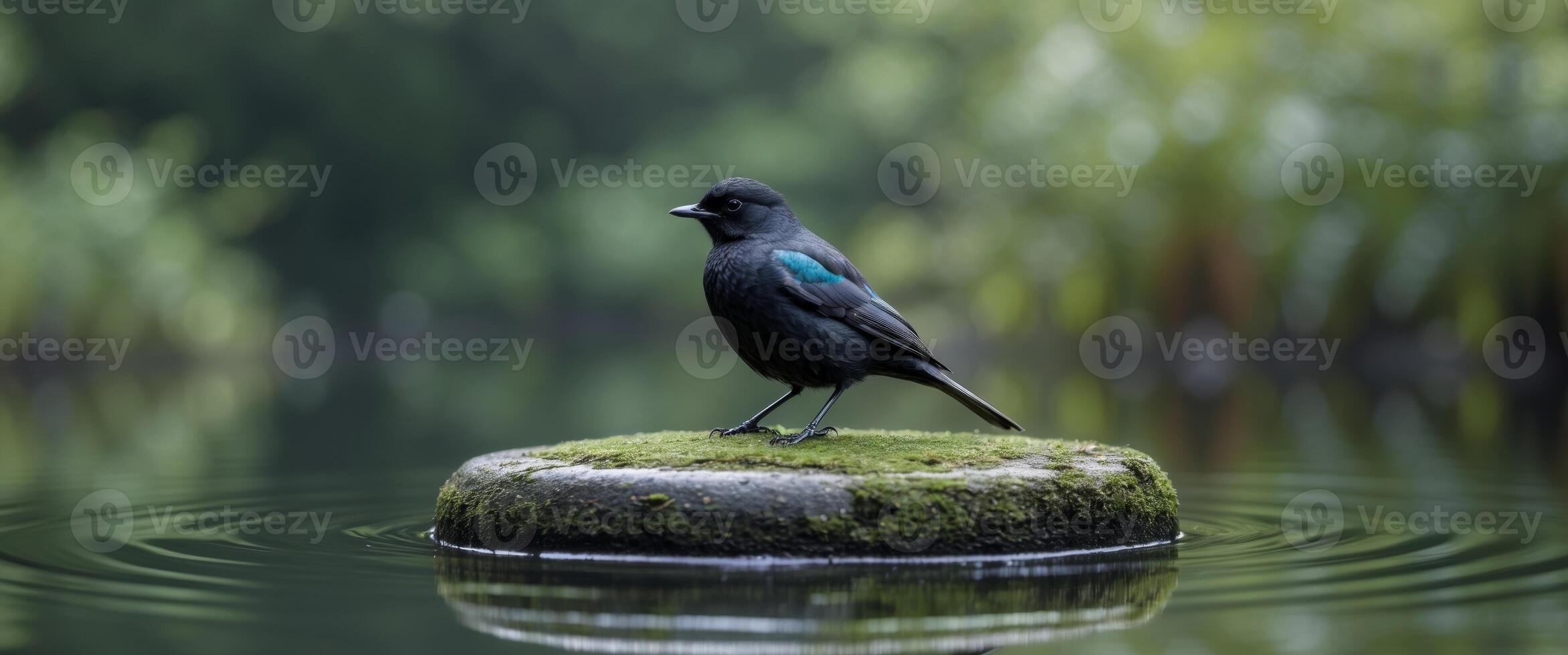 Serene Blackbird Perched on Circular Stone in Tranquil Water Peaceful Nature Scene. photo