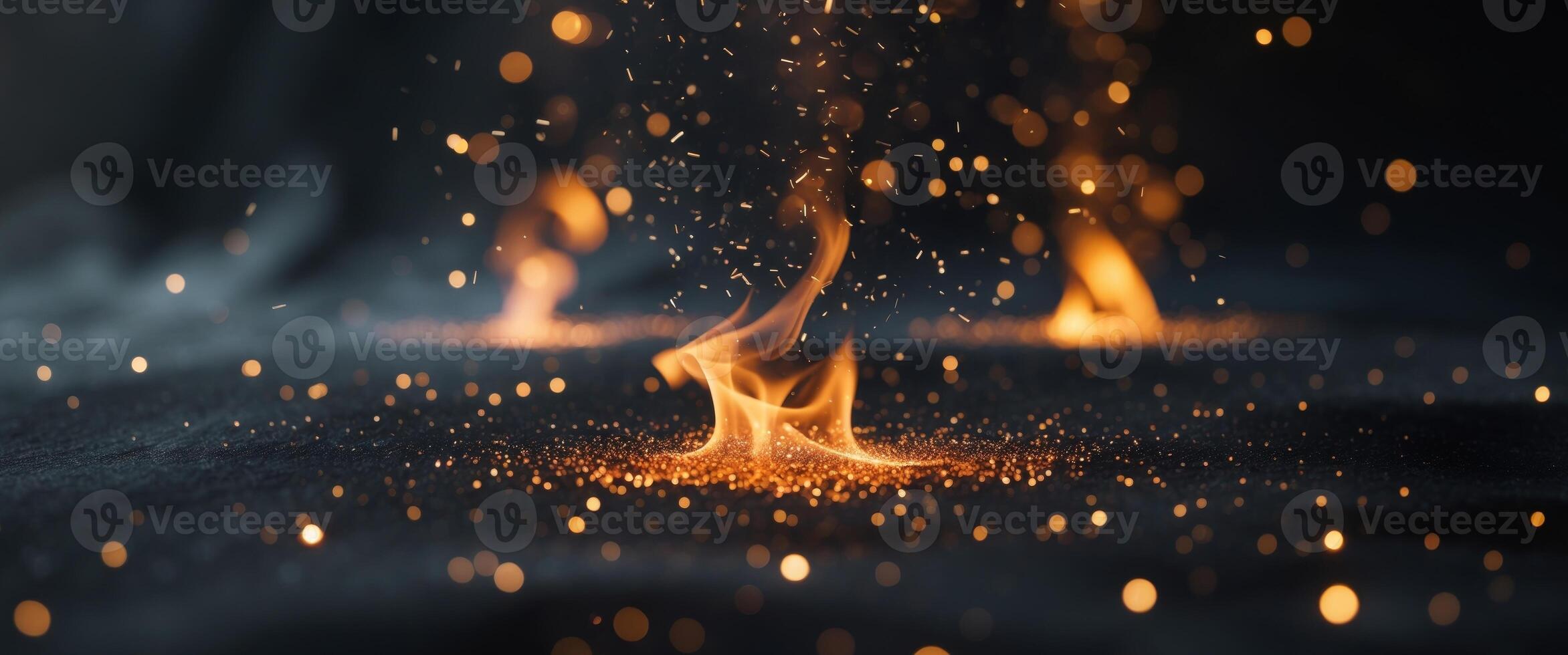 Abstract Fire Embers Particles Floating Over Dark Background with Glittering Sparks. photo