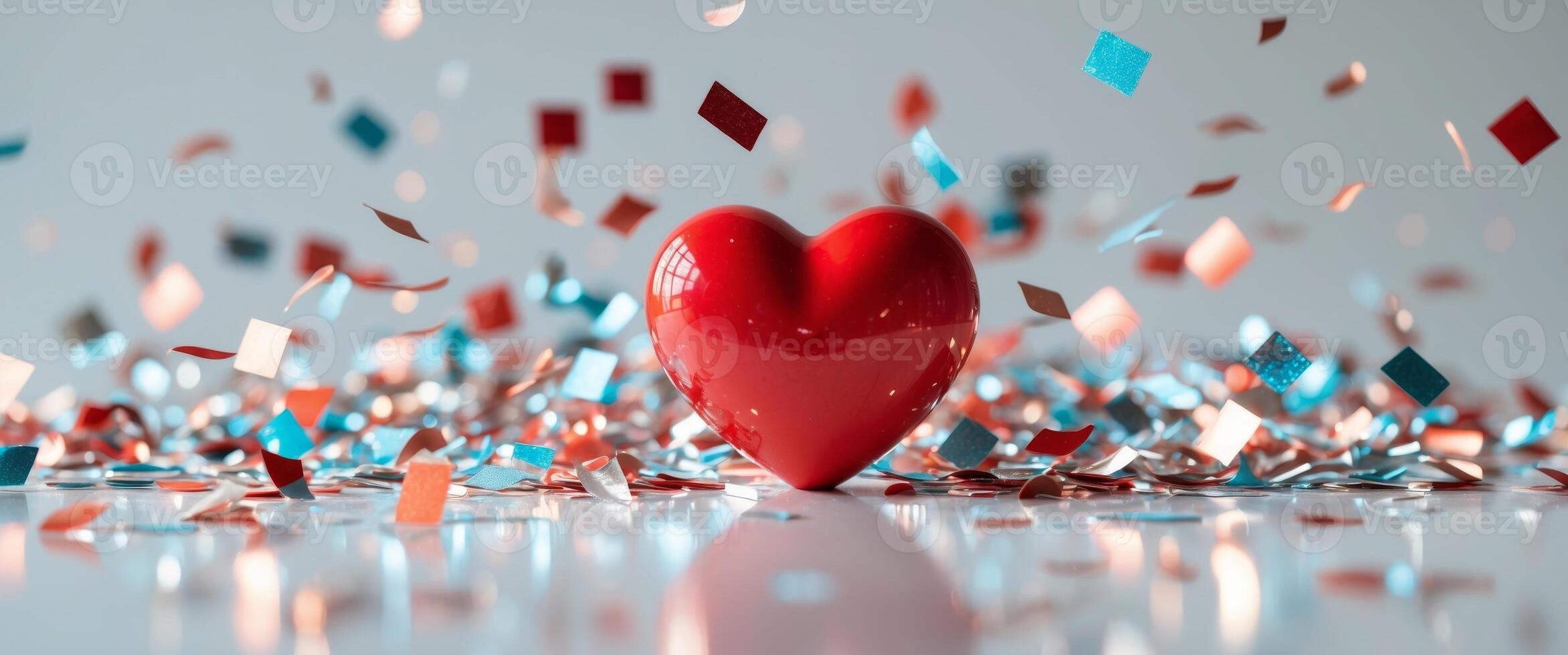 Red heart surrounded by shimmering confetti on a white surface. photo