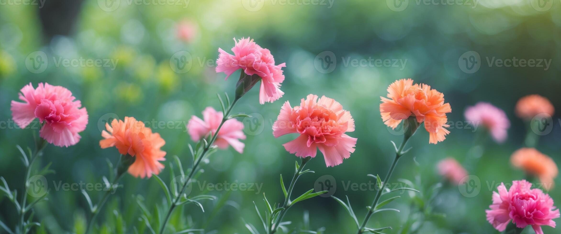 Bright carnation florets display vibrant colors in a garden setting during springtime. photo