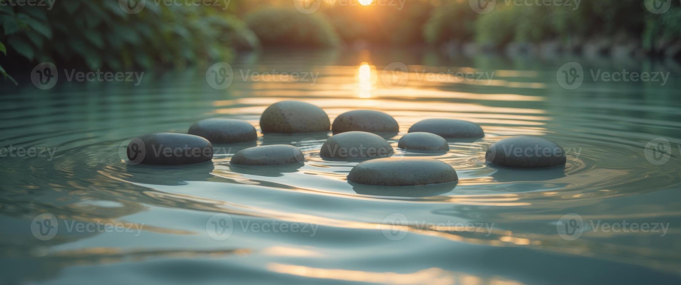 Stones in Serene Water for Relaxation and Meditation at Sunset. photo