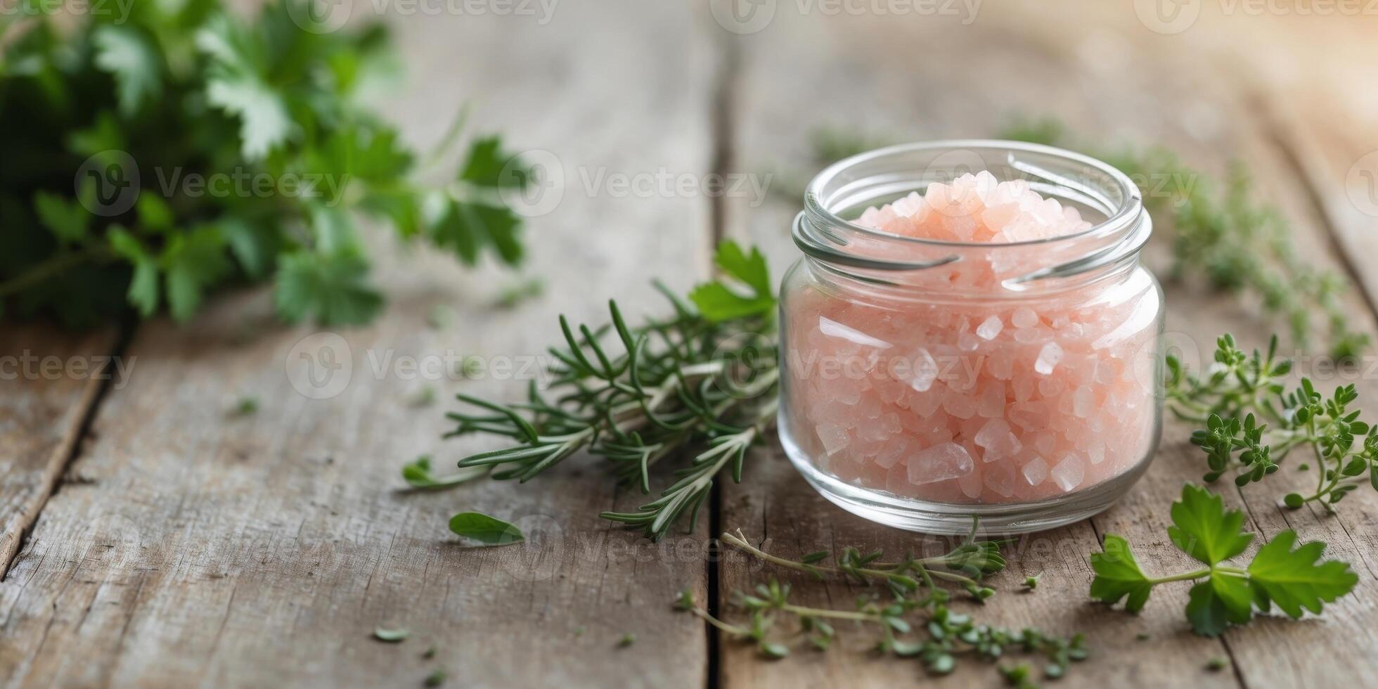 Jar of pink salt on wooden table with fresh herbs. photo