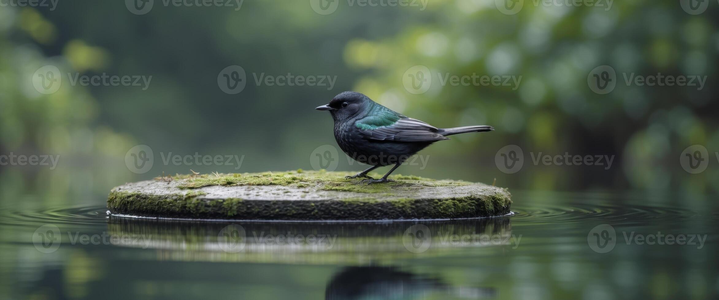 Serene Blackbird Perched on Circular Stone in Tranquil Water Peaceful Nature Scene photo