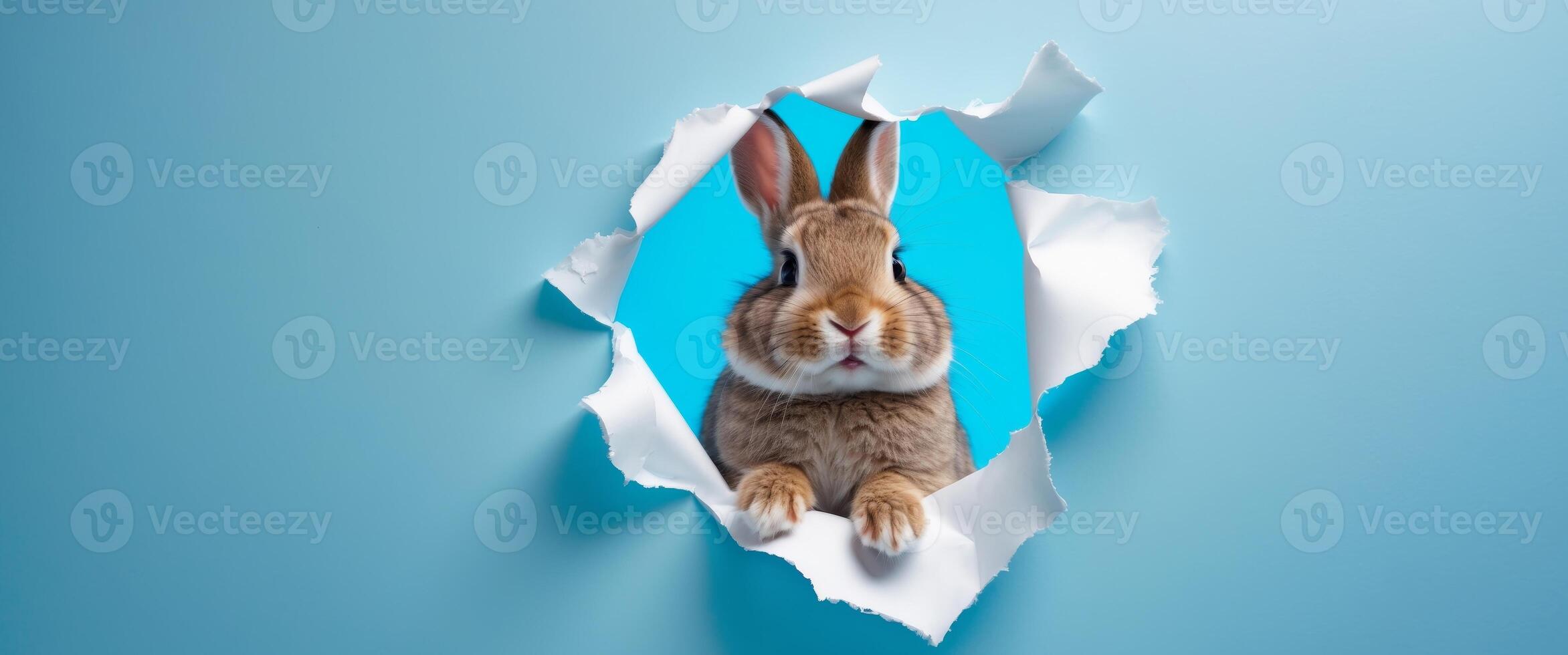 Cute Bunny Peeking Through Torn Paper Hole with Bright Blue Background and Playful Expression. photo